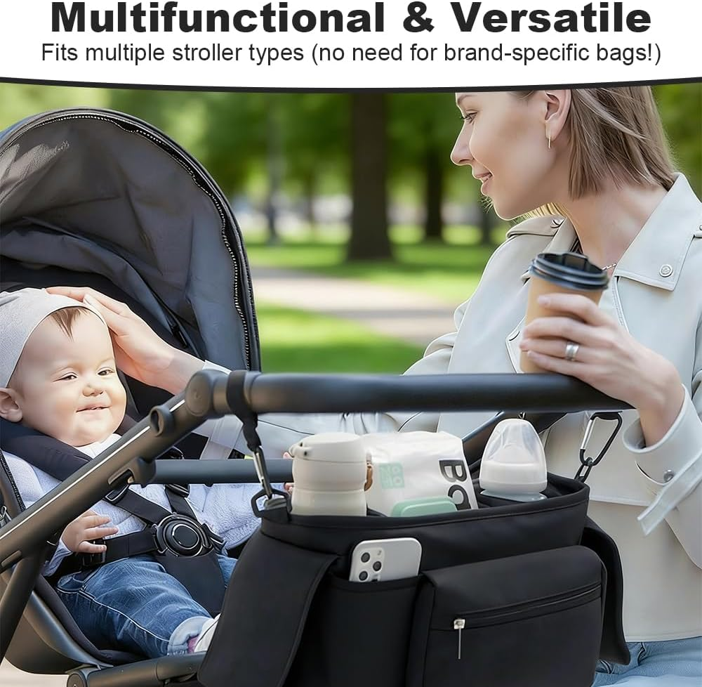 Stroller Storage Bag, Detachable Pram Pouch, Waterproof Hanging Bag, Universal Stroller Organizer with Hooking for Diapers, Bottles, Phone (Black) image number 6
