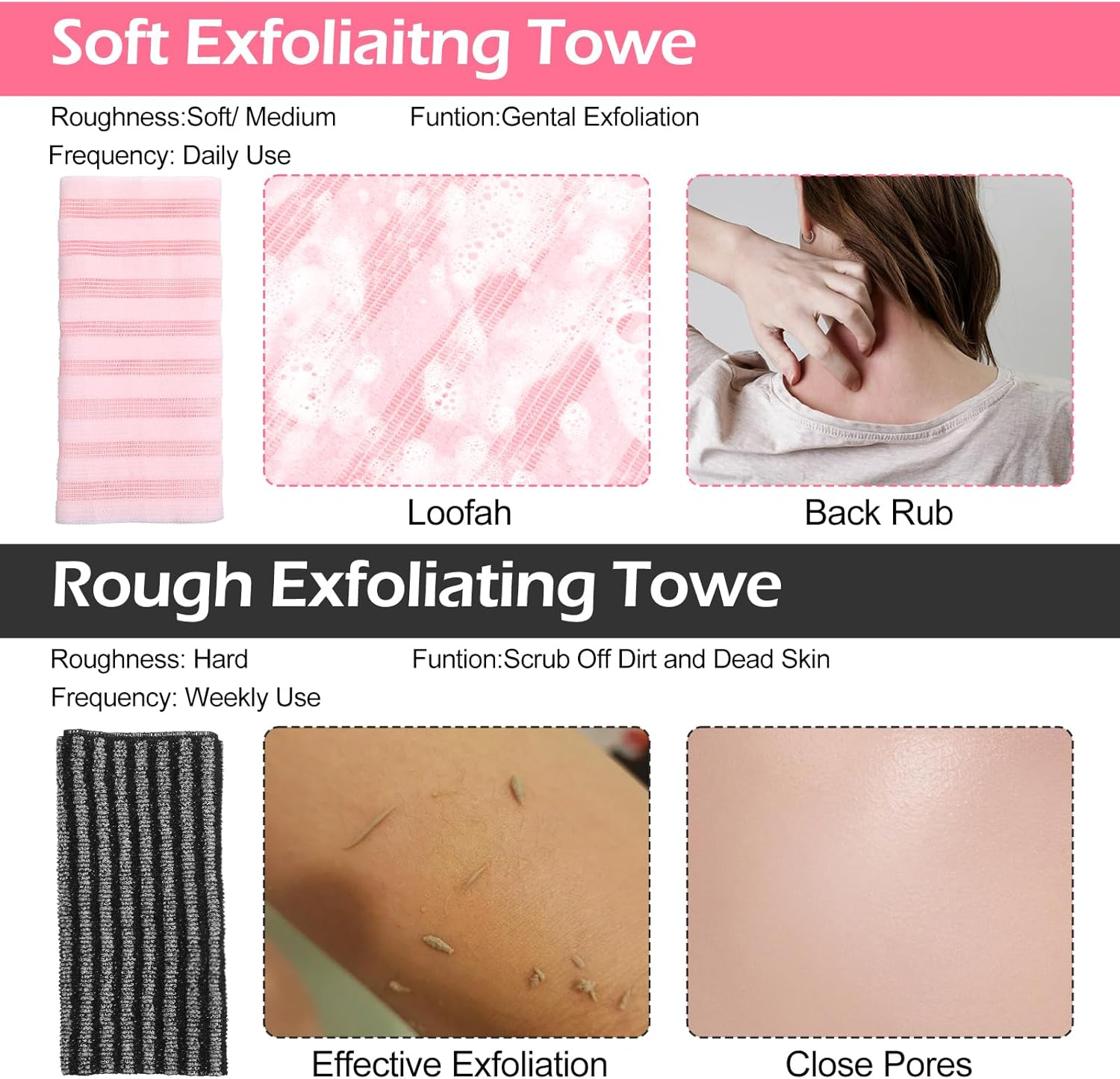 KFHENSOMR Exfoliating Washcloth Towel, 2Pcs Washcloths for Showering Body and Back, Soft Rough Exfoliating Back Scrubber, Body Exfoliator Loofah Sponge for Men Women image number 4