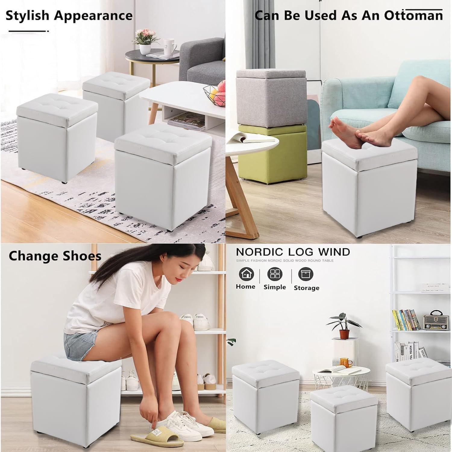 Uandhome Storage Ottoman Cube Storage Box,Multipurpose Foot Stool PU Faux Leather,Small Square Ottoman Shoe Bench with Padded Seat for Living Room Bedroom Dorm (White) - Black image number 3