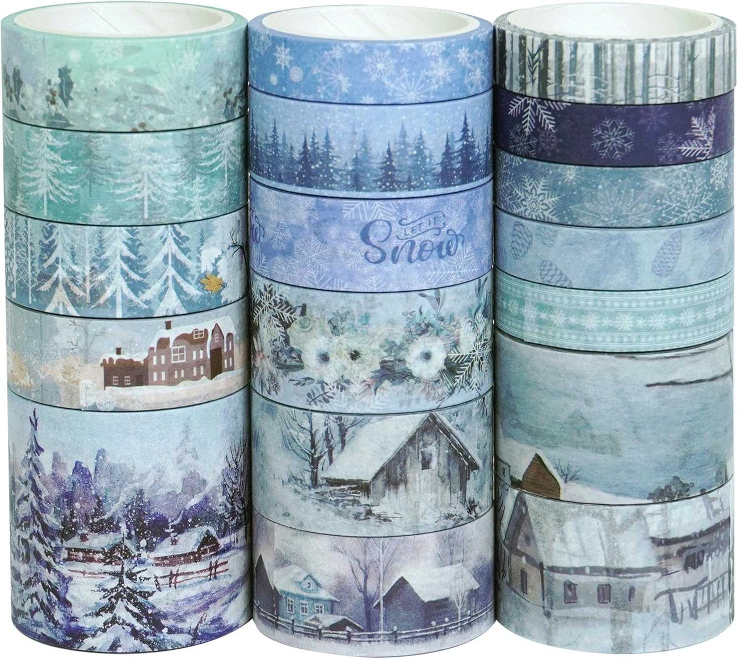 YUBX Winter Washi Tape Set 18 Rolls Landscaping Snow Embellishment Blue White Decorative Masking Tapes for Arts, DIY Crafts, Journals, Planners, Scrapbook, Wrapping image number 2