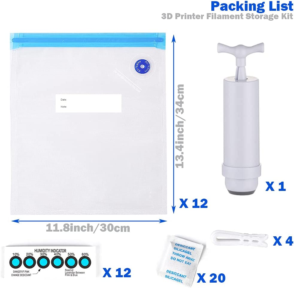 3D Printer Filament Storage Bag Kit Prevent and Monitor Moisture PLA Storage Dry Bags(12 X Vacuum Sealed Bags,1 X Hand Pump,20 X Desiccant,12 X Humidity Indicator Cards,4 X Sealing Clip),30X34Cm image number 1
