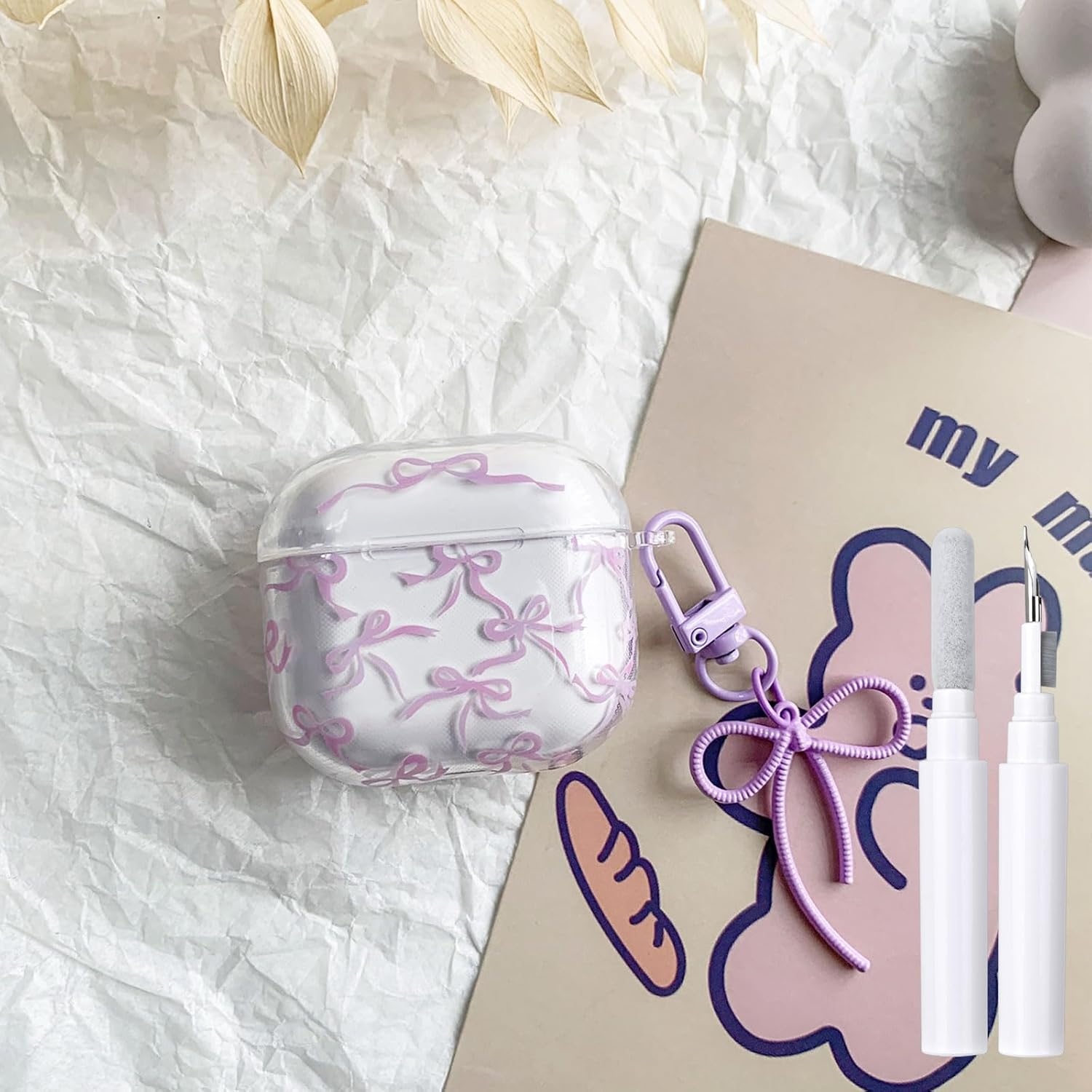 Case for Airpods Pro 2 with Cleaner Kit Soft Cute Bow Pattern Fashion Design Bowknot Aesthetic Shockproof Keychain Headphone Cases for Airpods Pro 2-Purple image number 2