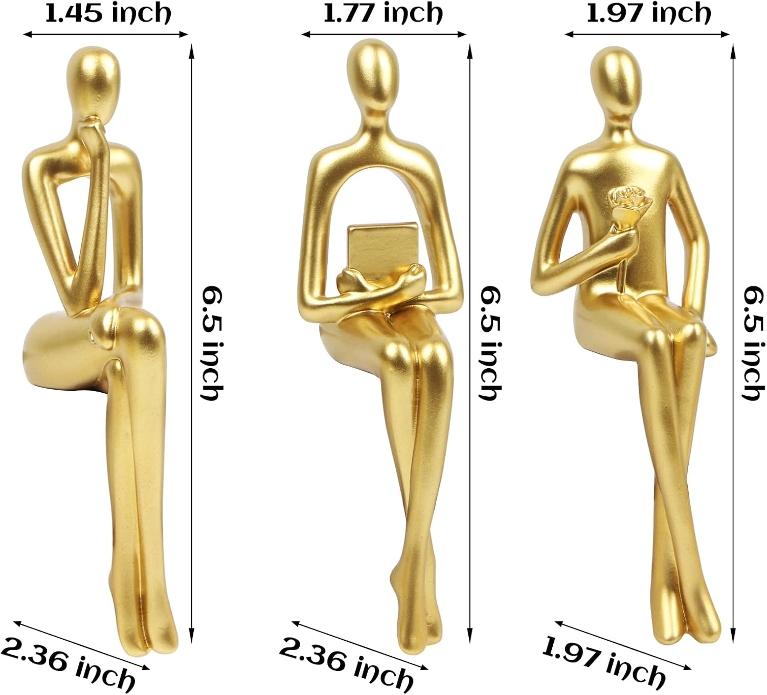 Kilarero 3Pcs Gold Decor Sitting Thinker Statue Abstract Sculpture, Bookshelf Decor Accents Resin Collectible Figurines for Home Office Living Room Table Desktop Decor(Gold) image number 4