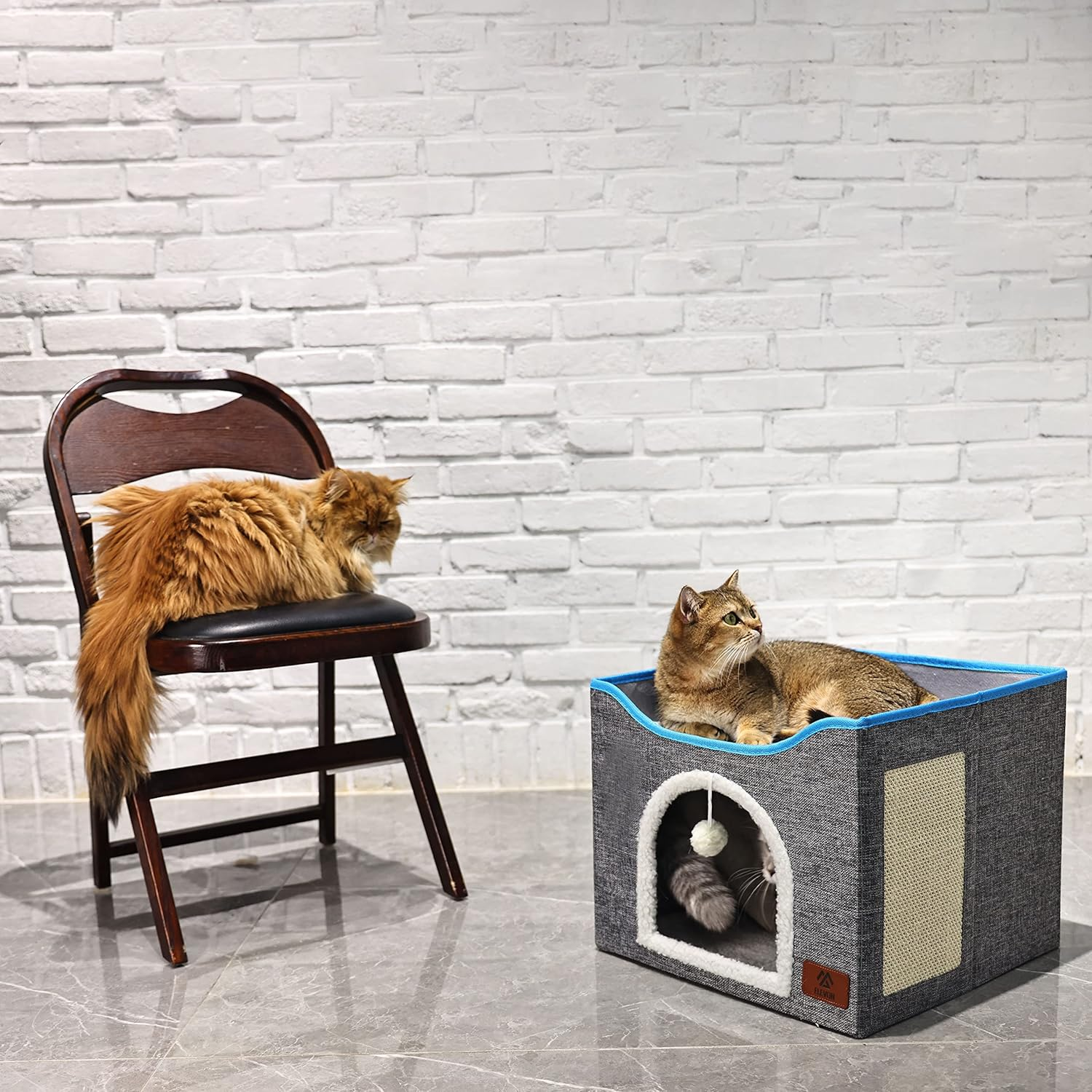 Elevon Cat Beds for Indoor Cats, Foldable Cat House Suitable for All Seasons, Cat Cube Apartment with Cat Scratch Board and Reversible Cushion, Suitable for Multi Small Pet under 20 Lbs, Grey image number 3