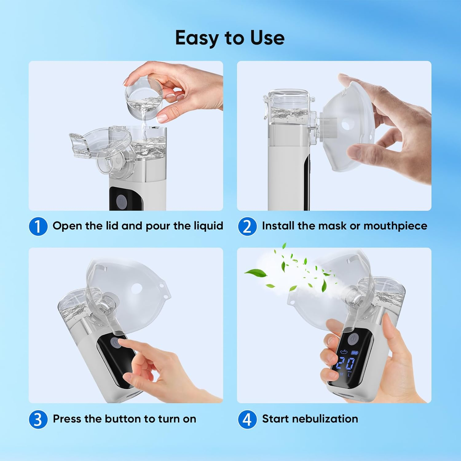 Portable Nebuliser Machine for Adults&Kids, Handheld Nebulizers Device Mesh Nebuliser Rechargeable with Masks&Mouthpiece for Travel Use, Lcd-Display image number 4