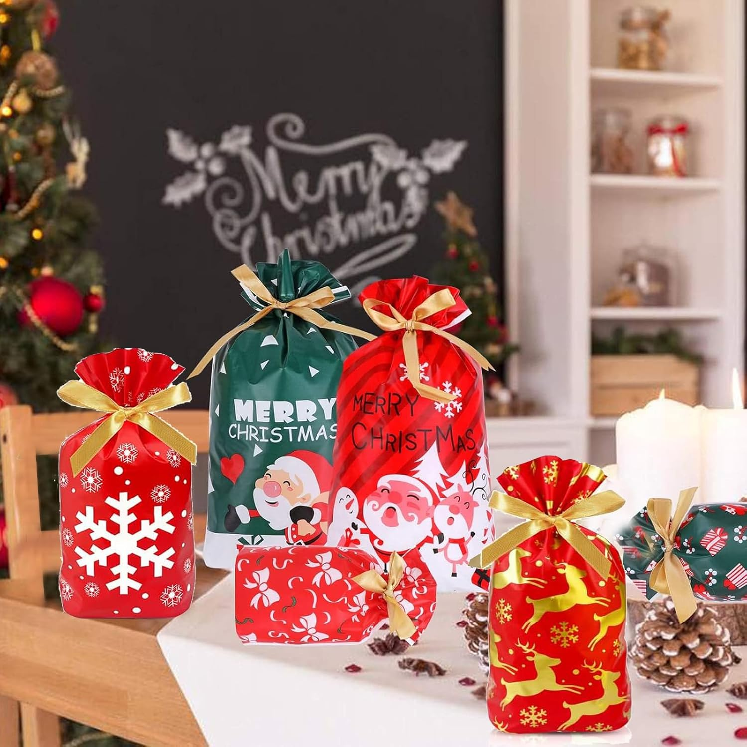 Tuoyi 40 Pieces Christmas Drawstring Gift Bags, Assorted Wrapping Bags Upgraded Christmas Goodie Bags for Birthday Christmas Party image number 6