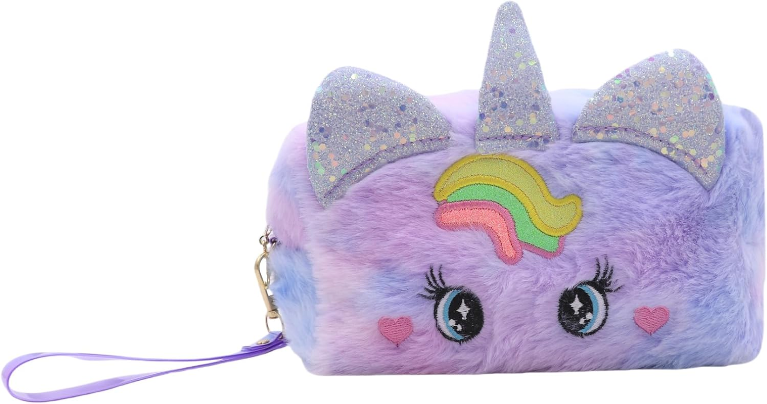 DDPOND Cute Cartoon Unicorn Makeup Bag Big Eyes Plush Travel Cosmetic Organizer Bag Fluffy Hanging Toiletry Bag for Women Girls
