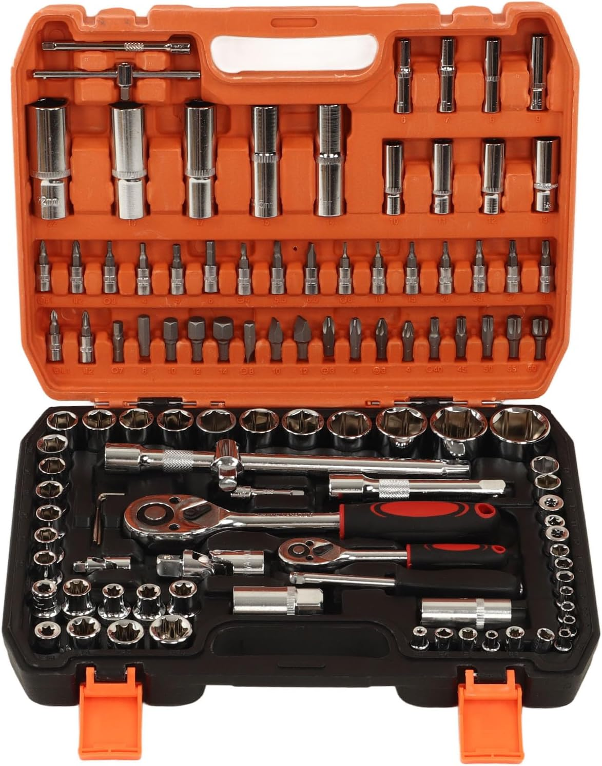 108 Piece Mechanical Repair Tool Set Chrome Steel Sockets Bits Ratchet Wrenches Hex Keys for Car and Home Maintenance image number 2