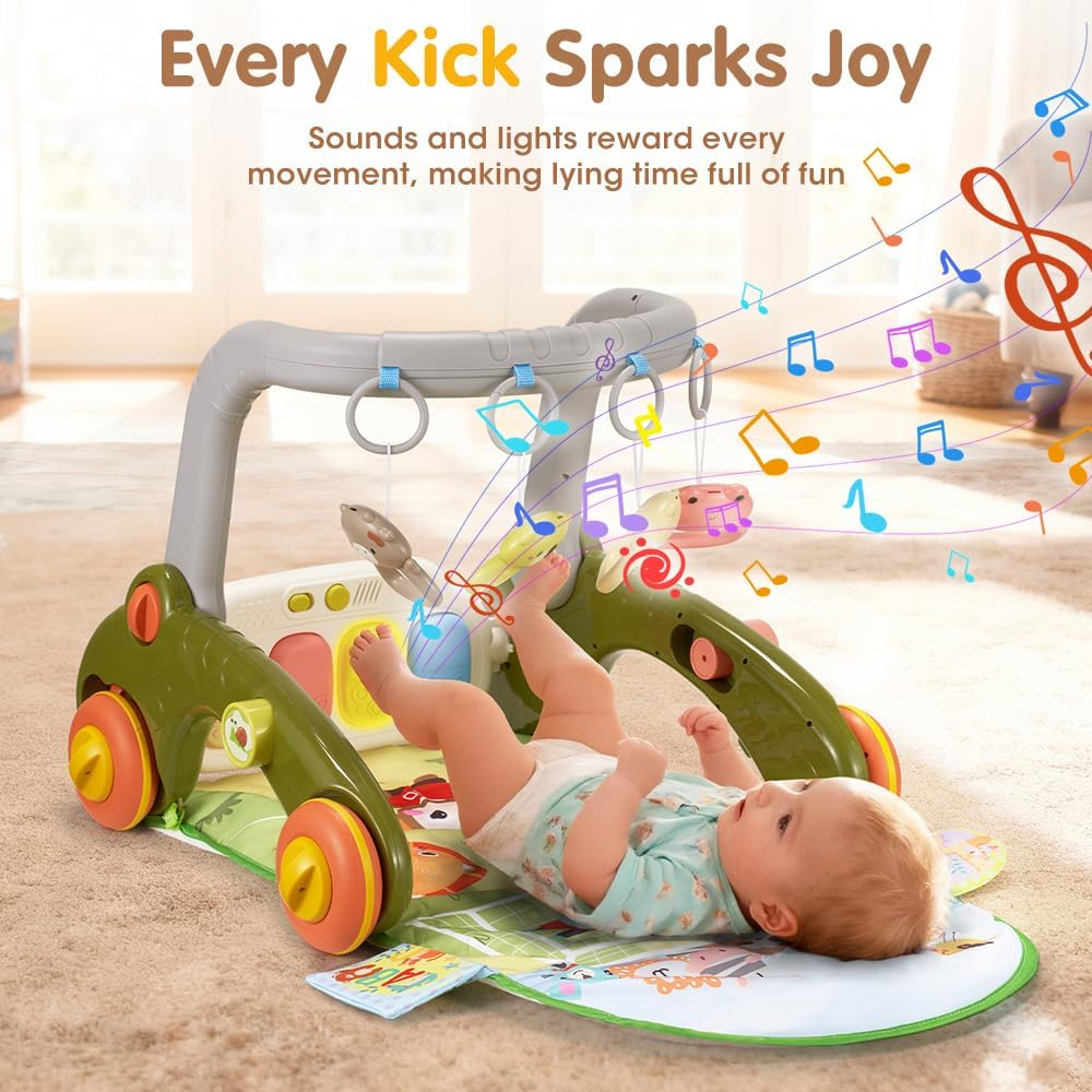 Playpals Baby Play Mat & Gym, Kick and Play Piano Mat & Hanging Toys, Adorable Animal-Themed Baby Play Gym, Tummy Time Mat, Sit-To-Stand Walker & Ride-On Toy for Newborns to Toddlers, Green - Pink image number 3