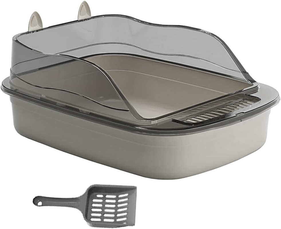 Open Cat Litter Tray Box Kitty Toilet with Extra Large Entry and Splash Guard,Easy Clean,Includes Litter Scoop,Stylish & Spacious Design for Larger Cats,Anti-Leakage,Non-Sticky (Grey)