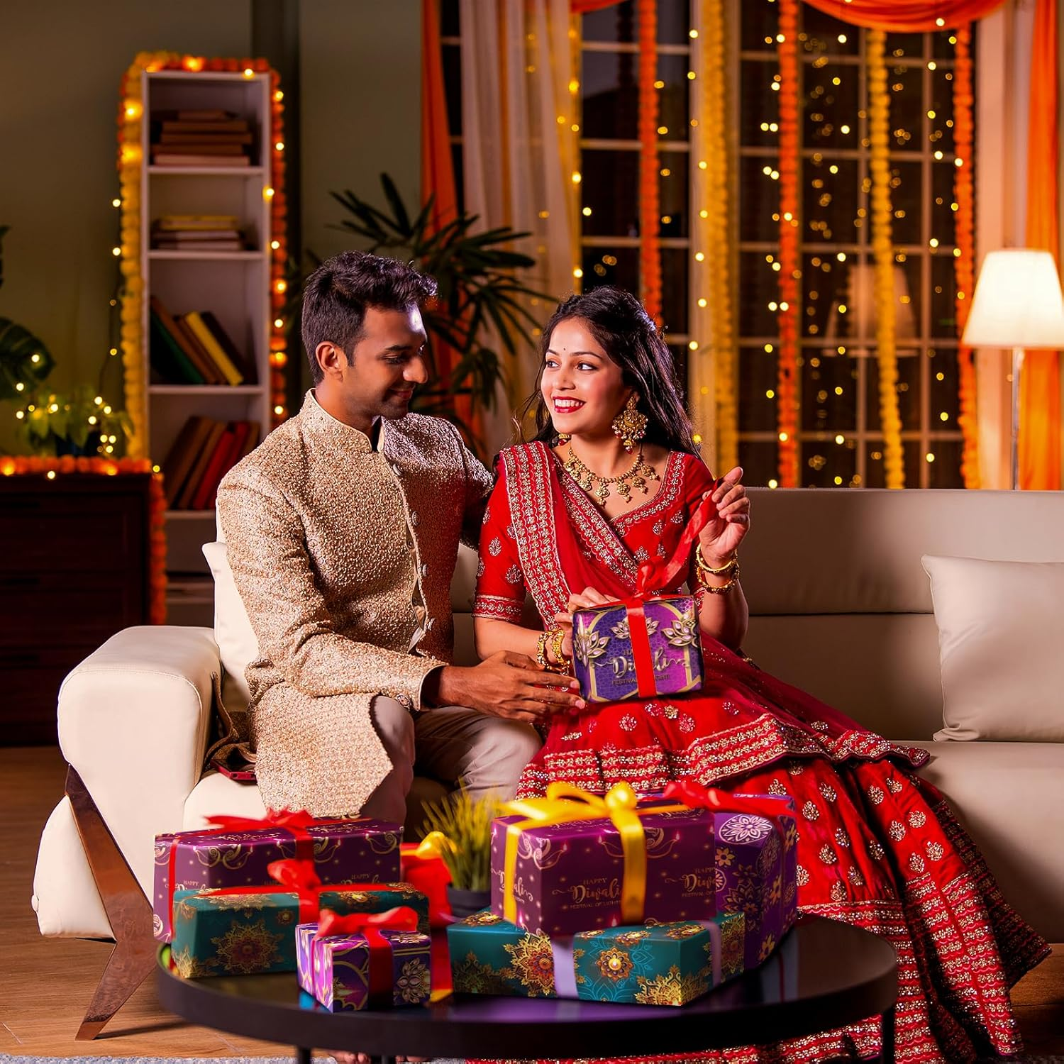 WRAPAHOLIC Diwali Wrapping Paper Sheet - 12 Sheets Happy Diwali the Festival of Lights Design Folded Flat for Holiday, Party Celebration - 19.7 Inch X 27.5 Inch per Sheet