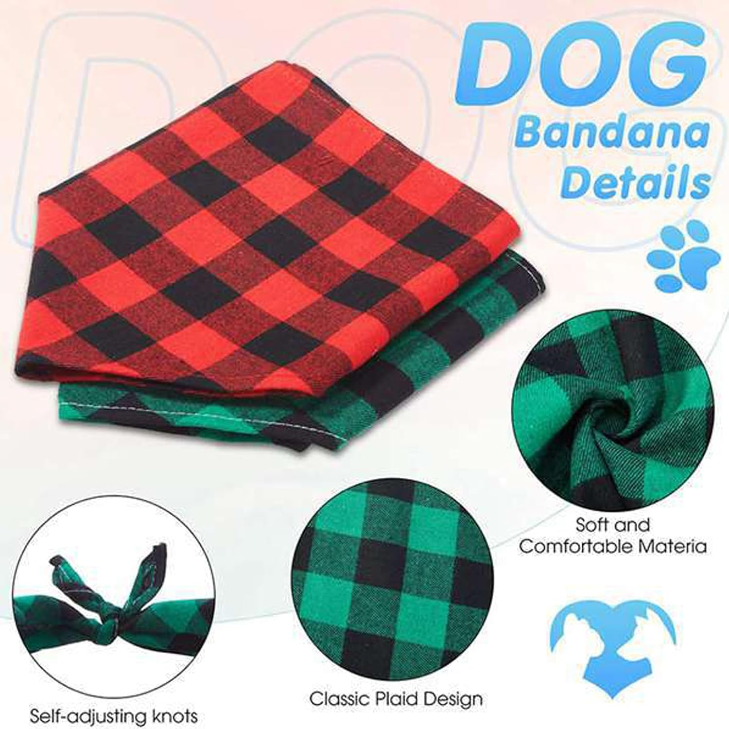 RTRTGS Set of 4 Classic Checked Dog Bandana Made of Cotton, Dog Triangle Neckerchief, Adjustable Bandana, Triangular Scarf for Dogs in Various Sizes (60 X 40 X 40 Cm), Multicoloured image number 5