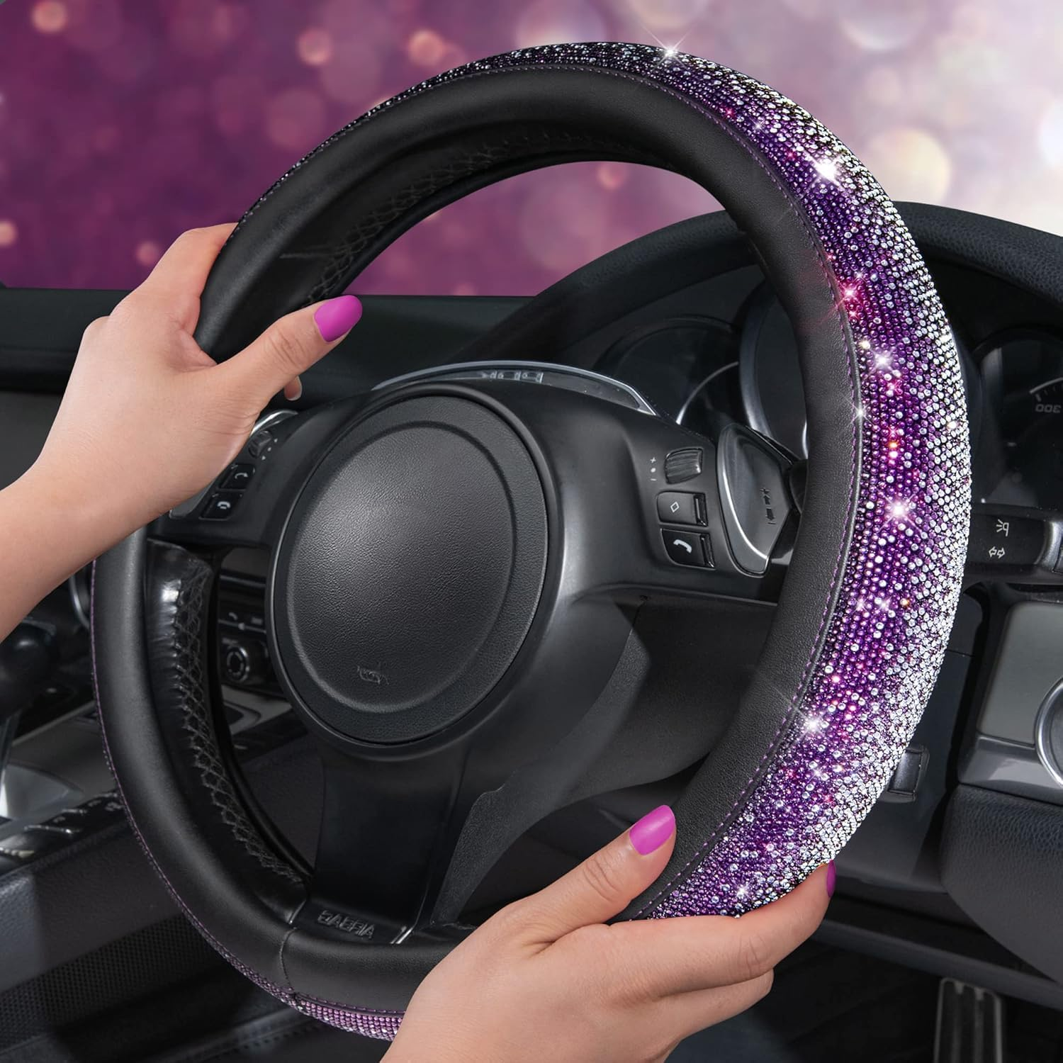 Flying Banner Diamond PU Leather Steering Wheel Cover, with Bling Crystal Rhinestones Universal Fit 14" 1/2-15" Crystal Glitter Fit Suvs,Vans,Sedans,Cars,Trucks (Violet Silver) - Blue image number 6