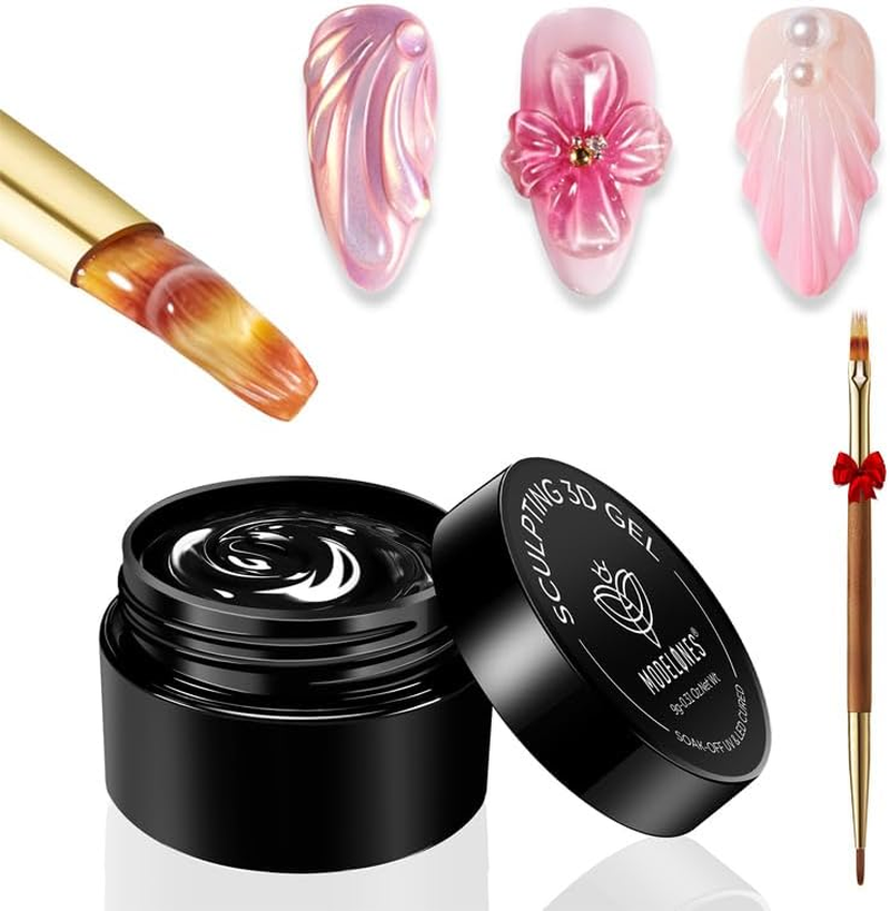 Modelones 3D Nail Gel Kit, Gel Nail Art 3D Sculpting Gel with Nails Art Brushes for Chrome Powder for Nails and Rhinestones for DIY at Home & Salon, 9G No Wipe Needed image number 5