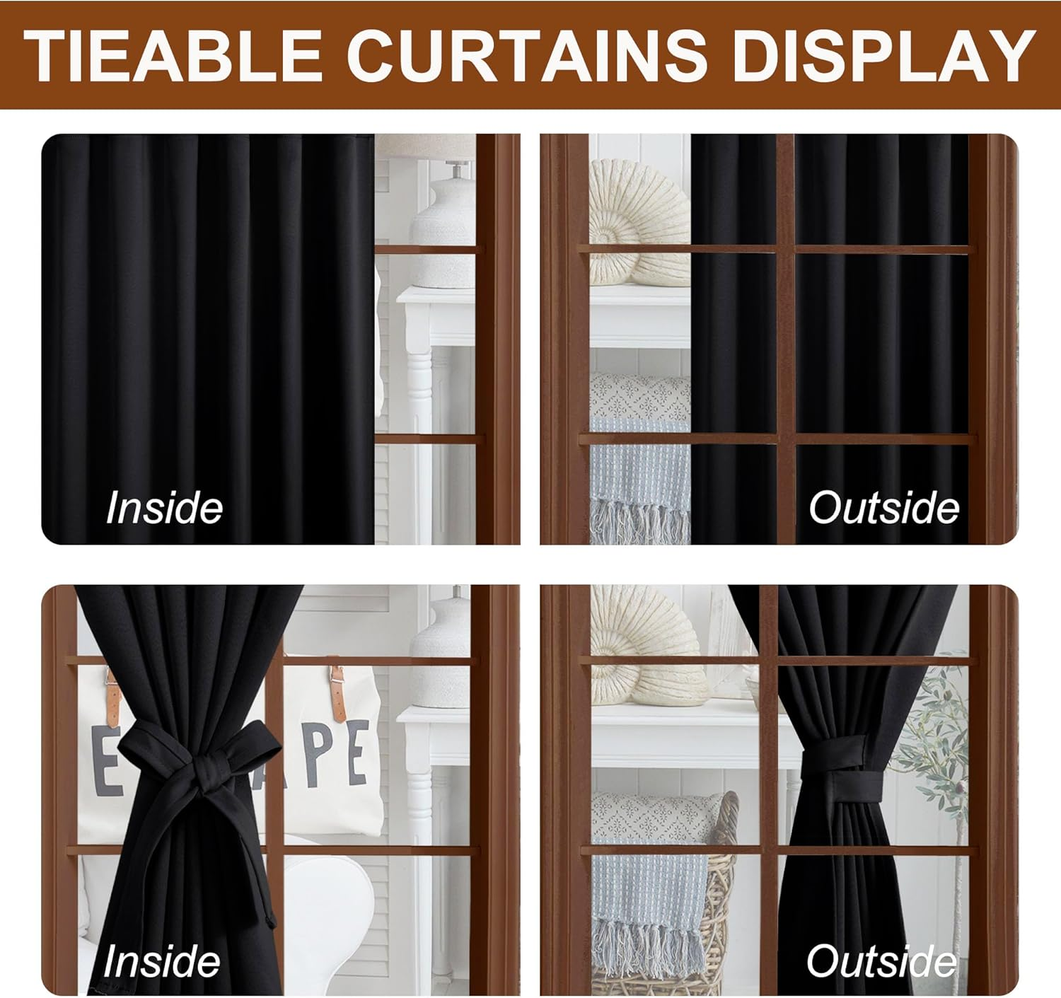 DWCN Blackout Curtains Back Tab and Rod Pocket Sewn with Tiebacks - Thermal Curtains Insulated Room Darkening for Bedroom,Each W132 Cm X D214Cm, Set of 2 Panels,Black image number 5
