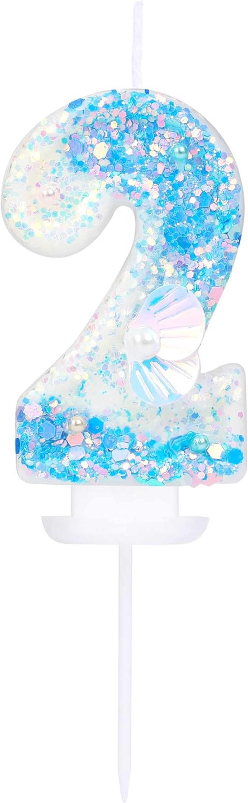 Number 2 Candle with 3D Sea Shell and Frozen Blue Sequins Glitters for Boy Girl Happy 2Nd Mermaid Birthday Party Decorations and under the Ocean Sea Themed Supplies image number 3