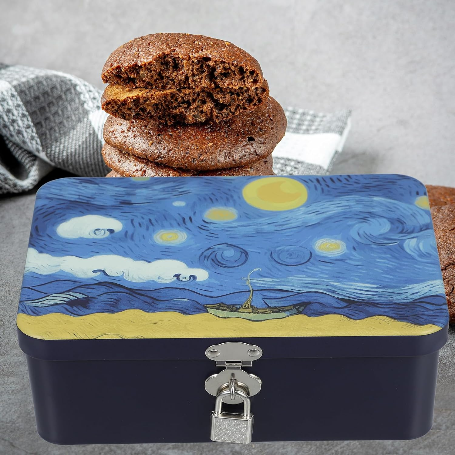 CTIRCHIU Airtight Metal Cookie Tin with Lock, Medium Celestial Storage Box, Vintage Kitchen Canister for Candy and Biscuit Organization image number 5