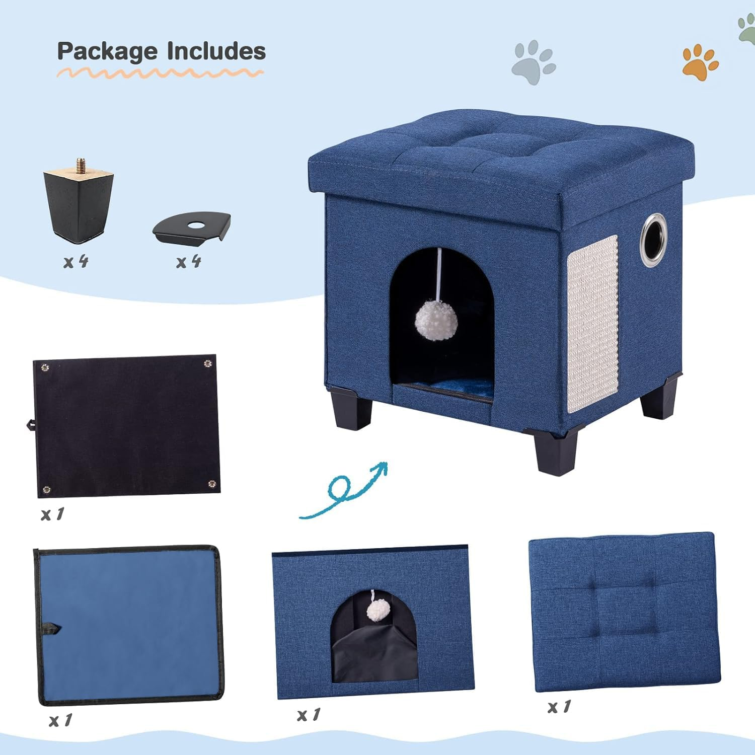 BRIAN & DANY Collapsible Cat Cave for Indoor Cats, Multifunctional Cube Cat House with Cat Scratch Board & Ball, 37X 31.8 X 36 Cm, Blue image number 5