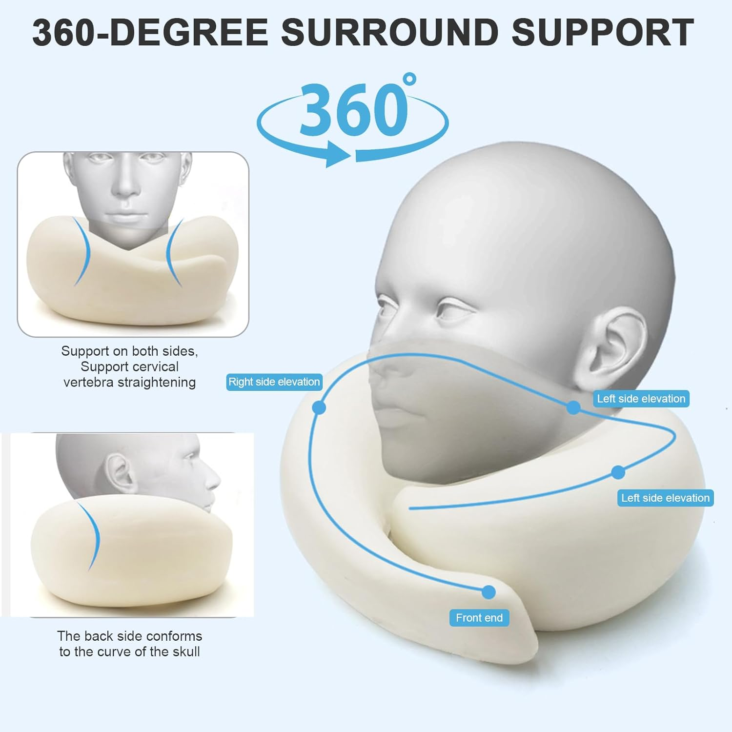 Travel Neck Pillow, Memory Foam Travel Neck Pillow for Airplanes, 360&deg; Support Stowable Pillows for Sleeping, Airplane Travel Kit with 3D Contoured Eye Masks, Earplugs, and Storage Bag (Grey) - Black image number 6