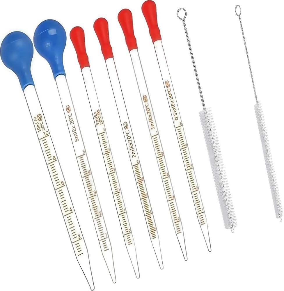 6 Pcs Thick Glass Graduated Pipettes Dropper Kit (0.5Ml 1Ml 2Ml 3Ml/5Ml 10Ml) with 6 Rubber Caps & 2 Dropper Brushes, for Precise Liquid Transfer, Lab Measuring (A)