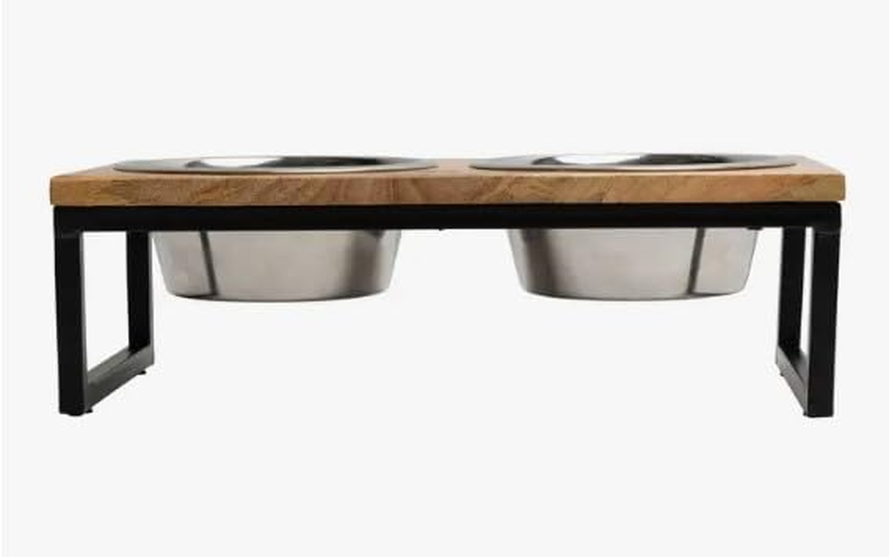 DROVERS Dog and Co Elevated Feeding Station - Handmade - Mango Wood and Steel - Dishwasher Safe - Improve Digestion - Perfect for Older Dogs with Arthritis