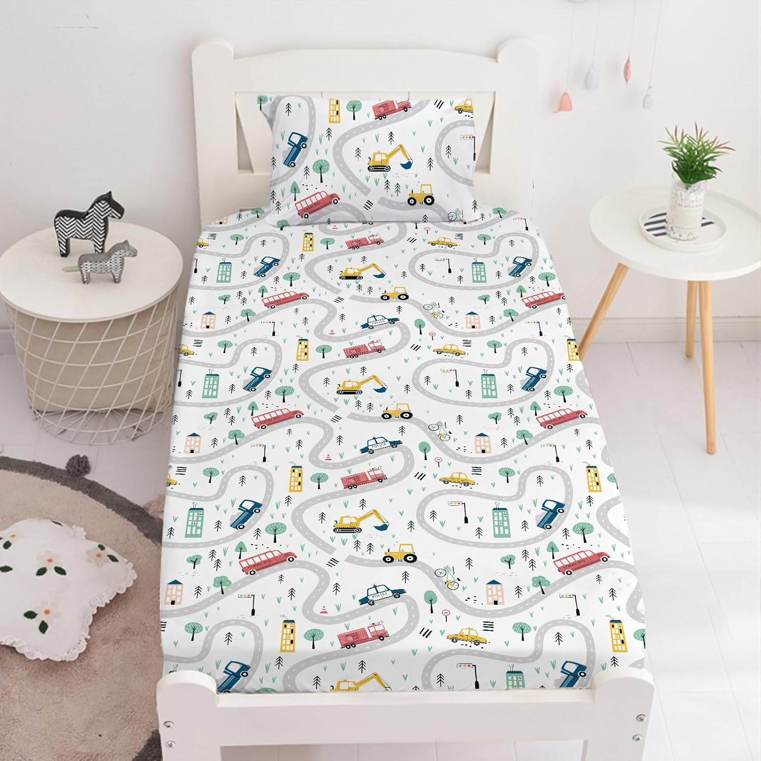 Yasida Twin Kids Fitted Sheets Road Traffic Themed Sheet and Pillowcases Set Cute Cartoon Truck Bed Boys Twin Sheet Set 2 Piece Bedding Decor Set image number 5