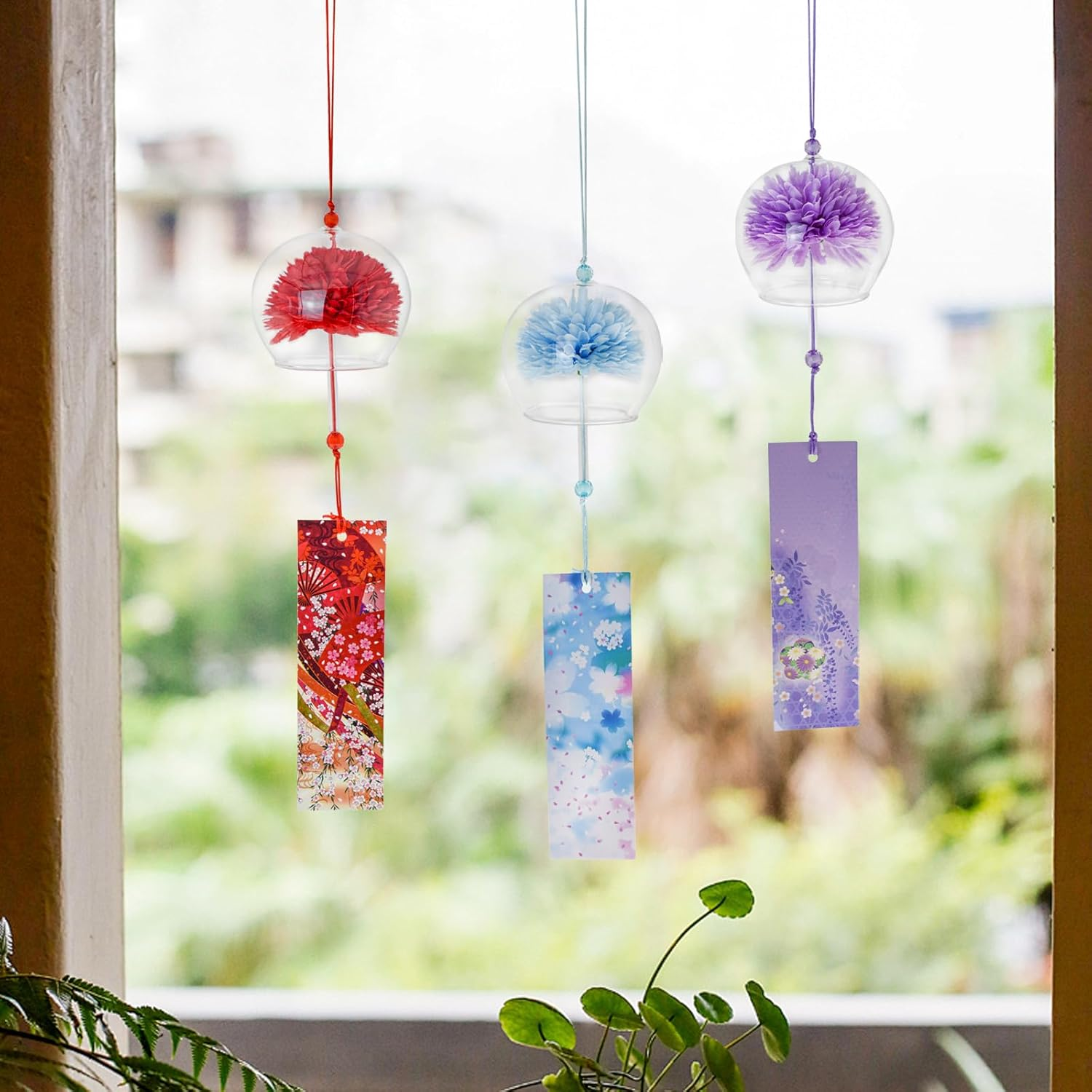 Mrmrkura 6 Pcs Japanese Wind Chimes, Colorful Glass Wind Chimes with Label Handmade Bell Wind Chime Pendent for outside Garden Patio Home Decor (Flower) - Colorful image number 4