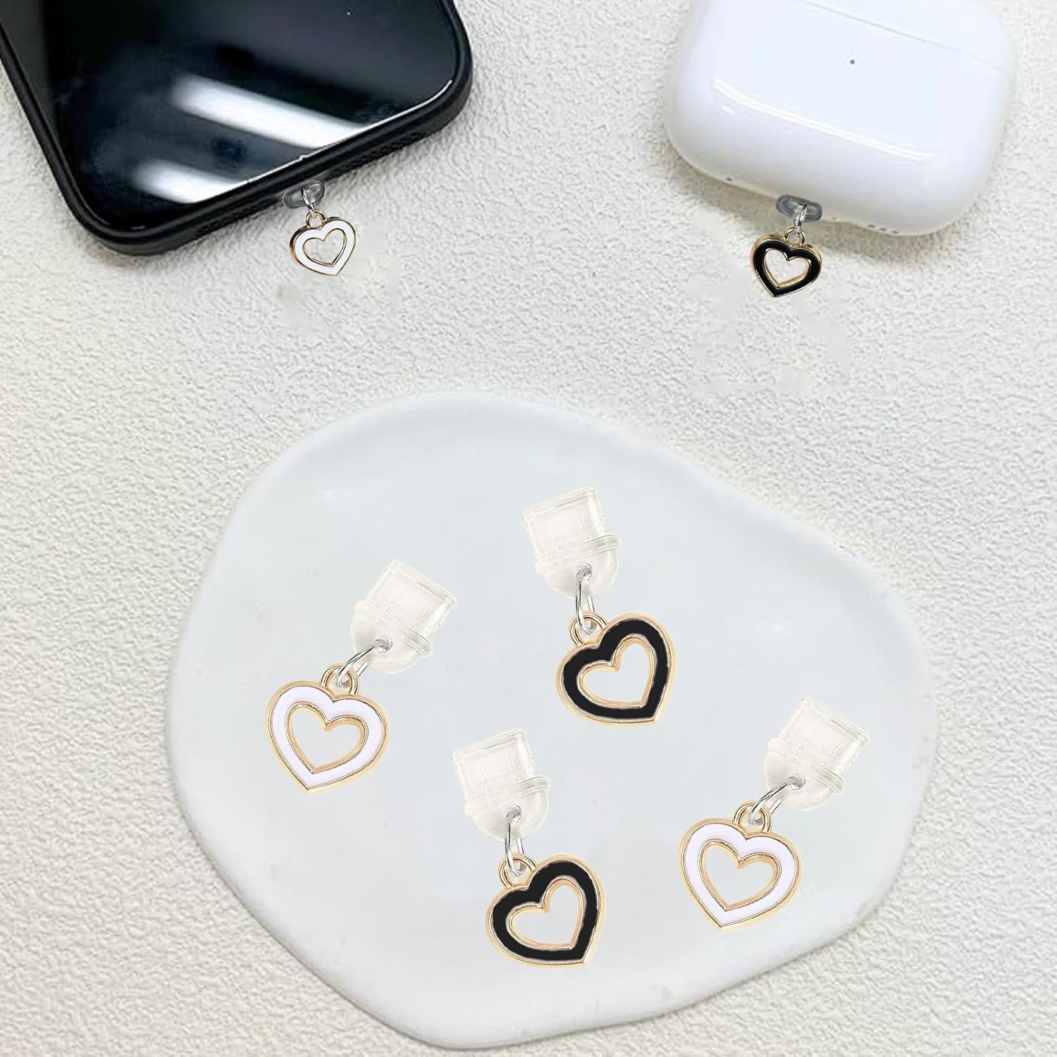 6-Piece Kindle Charms - Heart Designed - Type-C Dust Plug Charms for Kindle (2021-2024) - for Readers, Book Lovers, Teachers, Students, Men & Women - Stylish Accessories (White & Black) image number 2