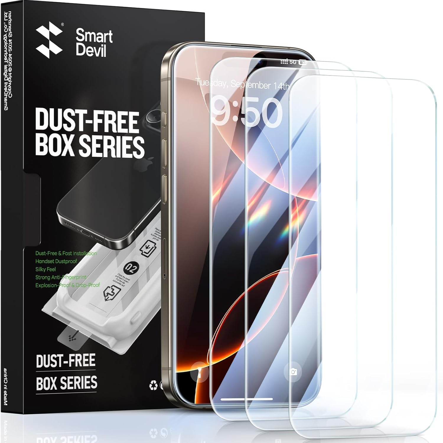 Smartdevil 3 Pack Screen Protector for Iphone 16 Pro, Bubble-And-Dust-Free Box, HD Tempered Glass, Military Grade Shatterproof & Ultra Durable, Easy Installation image number 1