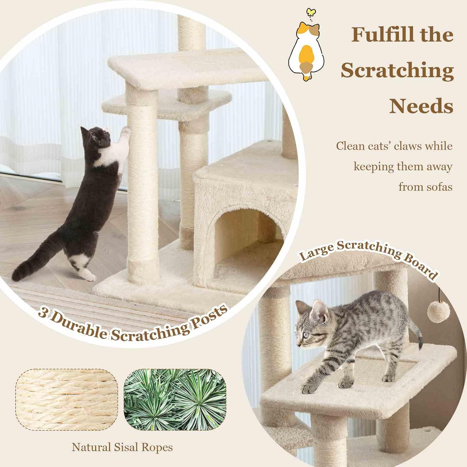 Costway Indoor Plush Cat Tree, Multilevel Cat Tower Condo with Flock, Hanging Toy, Scratching Sisal Posts, Cozy Perch, 4-Tier Cat Climbing Activity Center with Private Condo for Home and Office image number 2