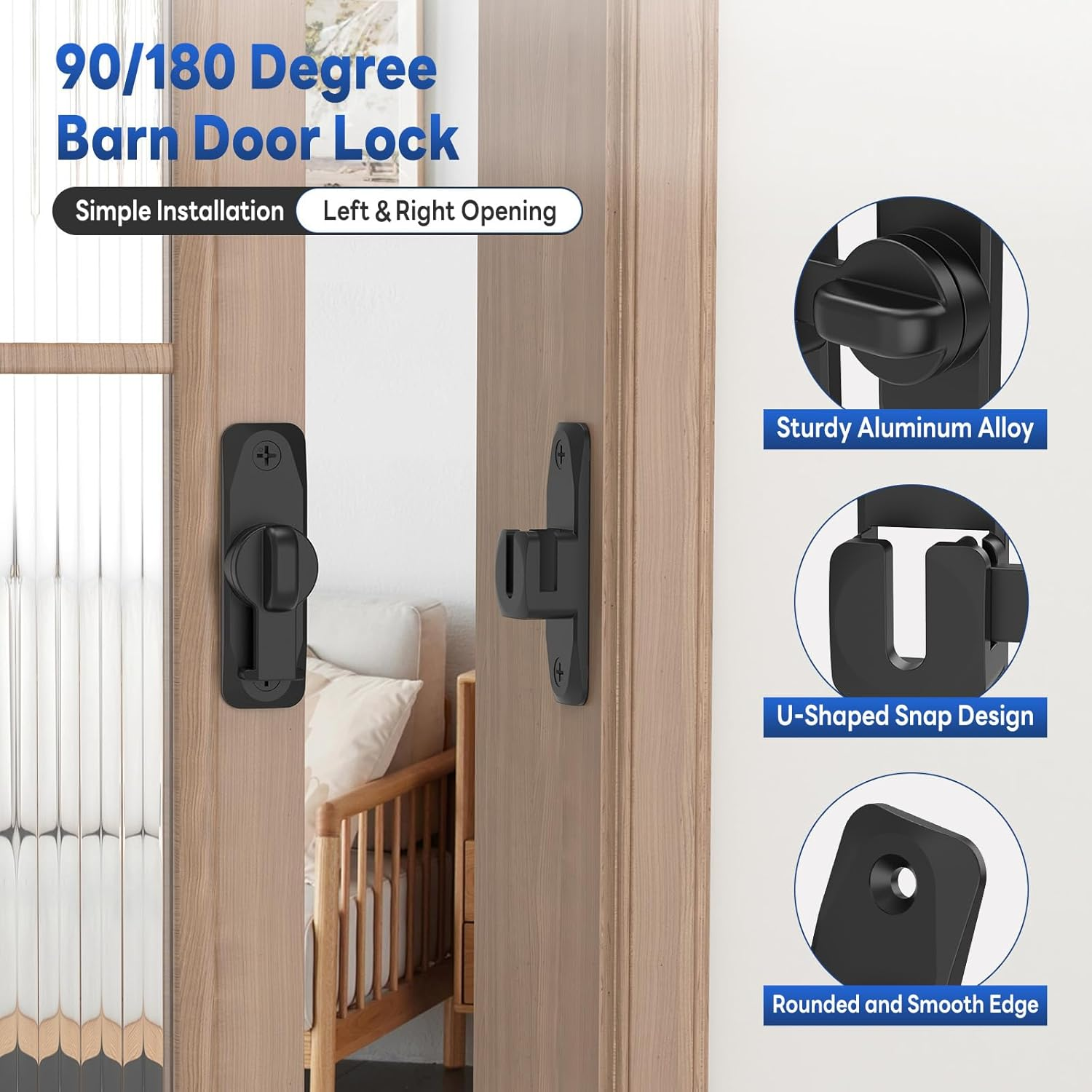 90/180 Degree Barn Door Locks and Latches, Safety Aluminum Hardware Sliding Door Latch, Small Flip Locks for Barn, Bathroom, Cabinet, Garden, Window (Black-1Pc) image number 2