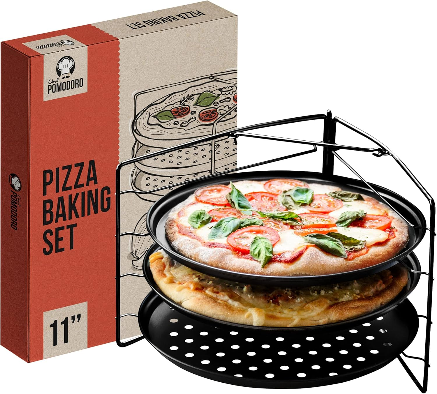 Chef Pomodoro Pizza Baking Set with 3 Pizza Pans and Pizza Rack, (11-Inch Pans), Non-Stick Perforated Pizza Trays for Oven, Grill, Pizza Pan with Holes, Pizza Pan for Oven, Barbeque, Bakeware Supplies image number 2