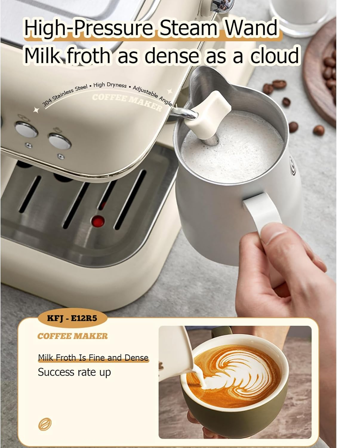 Bear Coffee Machine, 20Bar Italian Pump Barista Espresso, Latte & Cappuccino Coffee Maker, 1.2L Water Tank, Manual Adjustable Milk Frother, 2 Espresso at Once, Compact image number 6