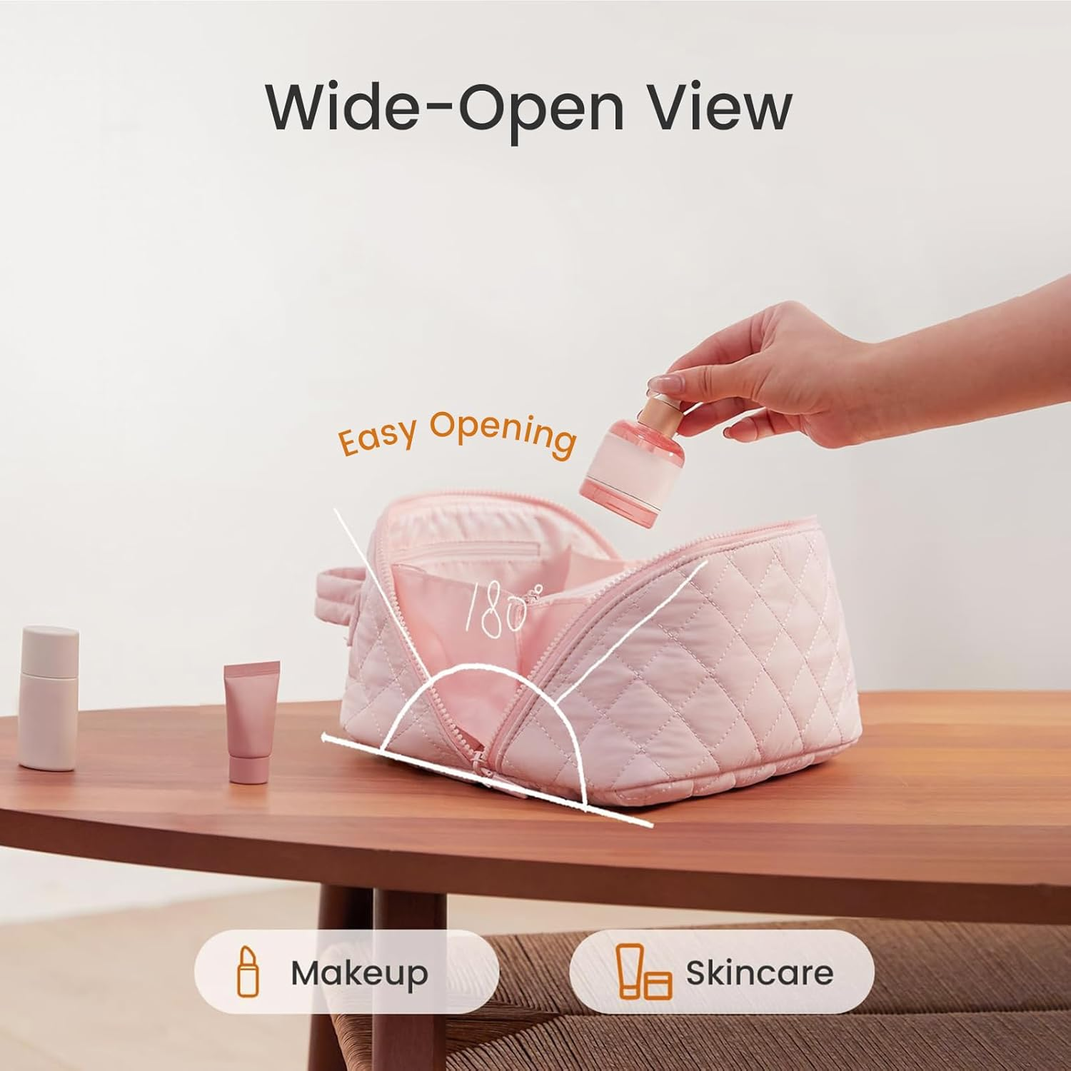 SZMDLX Waterproof Makeup Bag & Makeup Organizer - Travel Toiletry Bag, 180&deg; Lay-Flat Large Cosmetic Case, Puffy Padded Travel Organizer for Brushes & Cosmetics, Perfect Gifts for Women and Men（Pink） - Blue image number 5