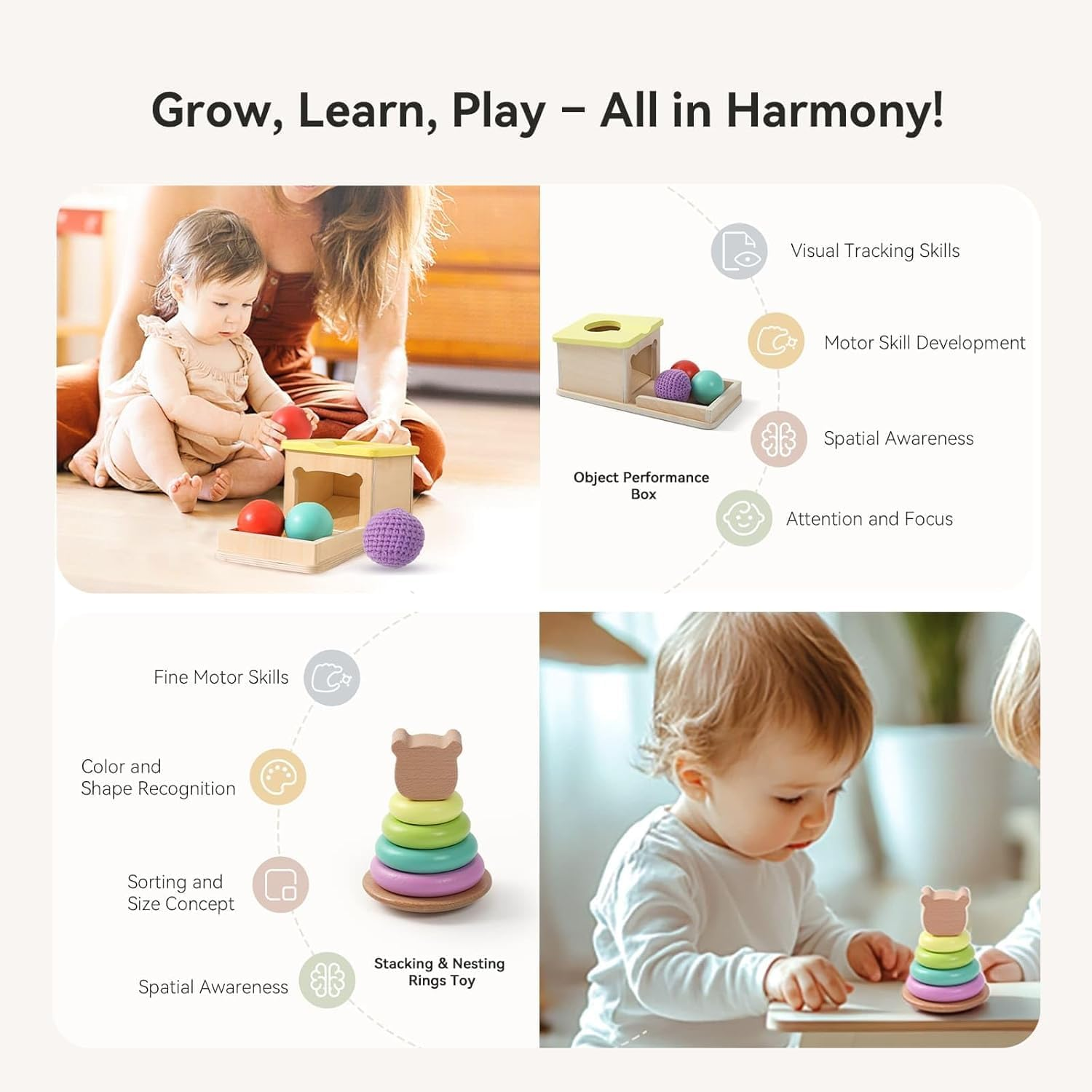 EERKEOD Montessori Toys for Babies 6-9 Months 7 in 1 Wooden Sensory Baby Toy Set with Multi Sensory Ball,Object Performance Box, Stacking & Nesting Rings - Newborn Baby Boy Girl Gift image number 6