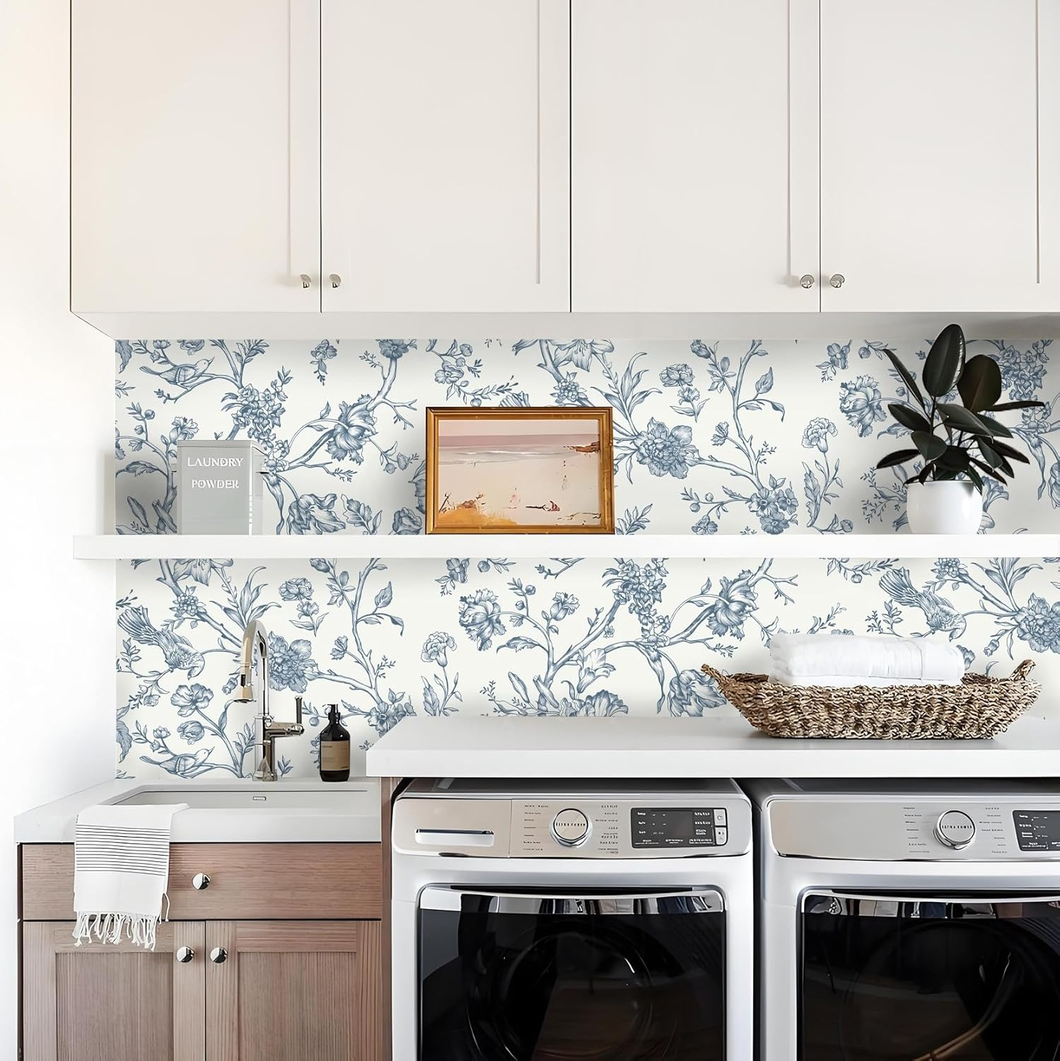 Safiyya Peel and Stick Wallpaper Floral Birds Contact Paper Blue White Wallpaper Peel and Stick Removable Wallpaper Boho Wallpaper Flower Contact Paper for Cabinets Vinyl Rolls 118"X17.3"