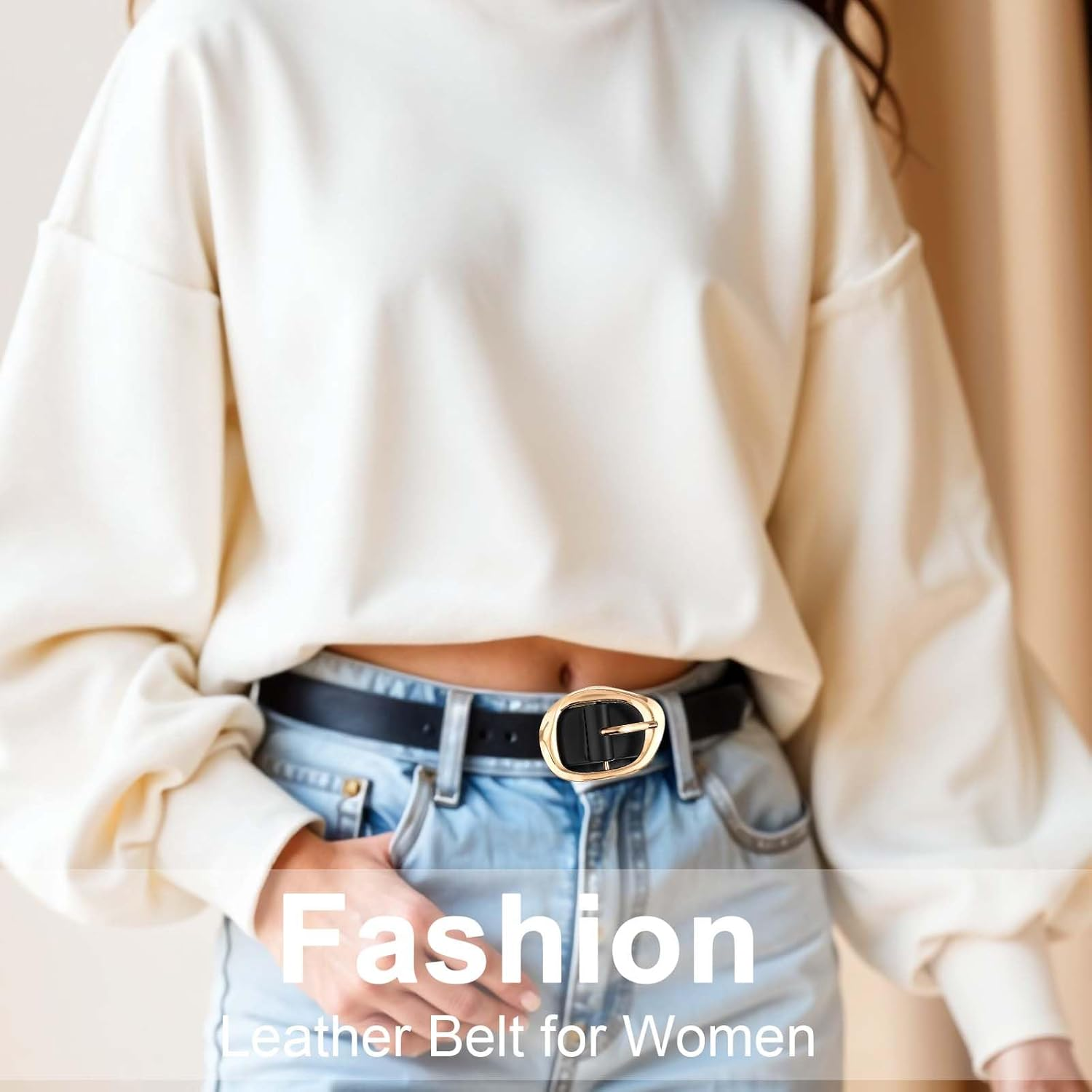 Elevatetech Leather Belts for Women, Fashion Waist Belt with Gold Buckle Wide Elastic Women'S Belts for Jeans Ladies Dress Belt, Black, One Size image number 6