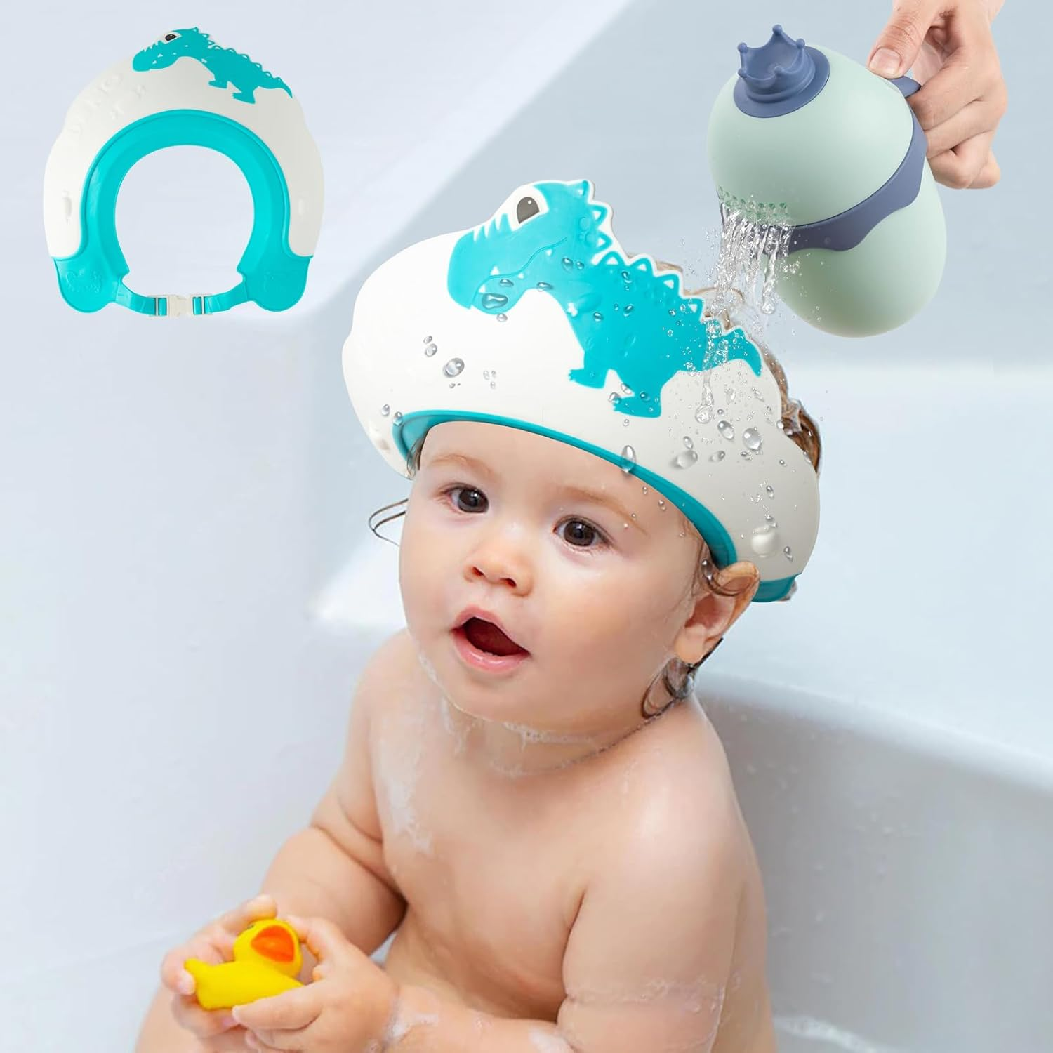 FUNUPUP Baby Shower Cap for Kids with Bath Rinse Cup, Adjustable Toddler Hair Washing Shield Hat Baby Bath Visor Shampoo Hat for Toddlers 6M-9T（Dinosaur Blue) image number 2