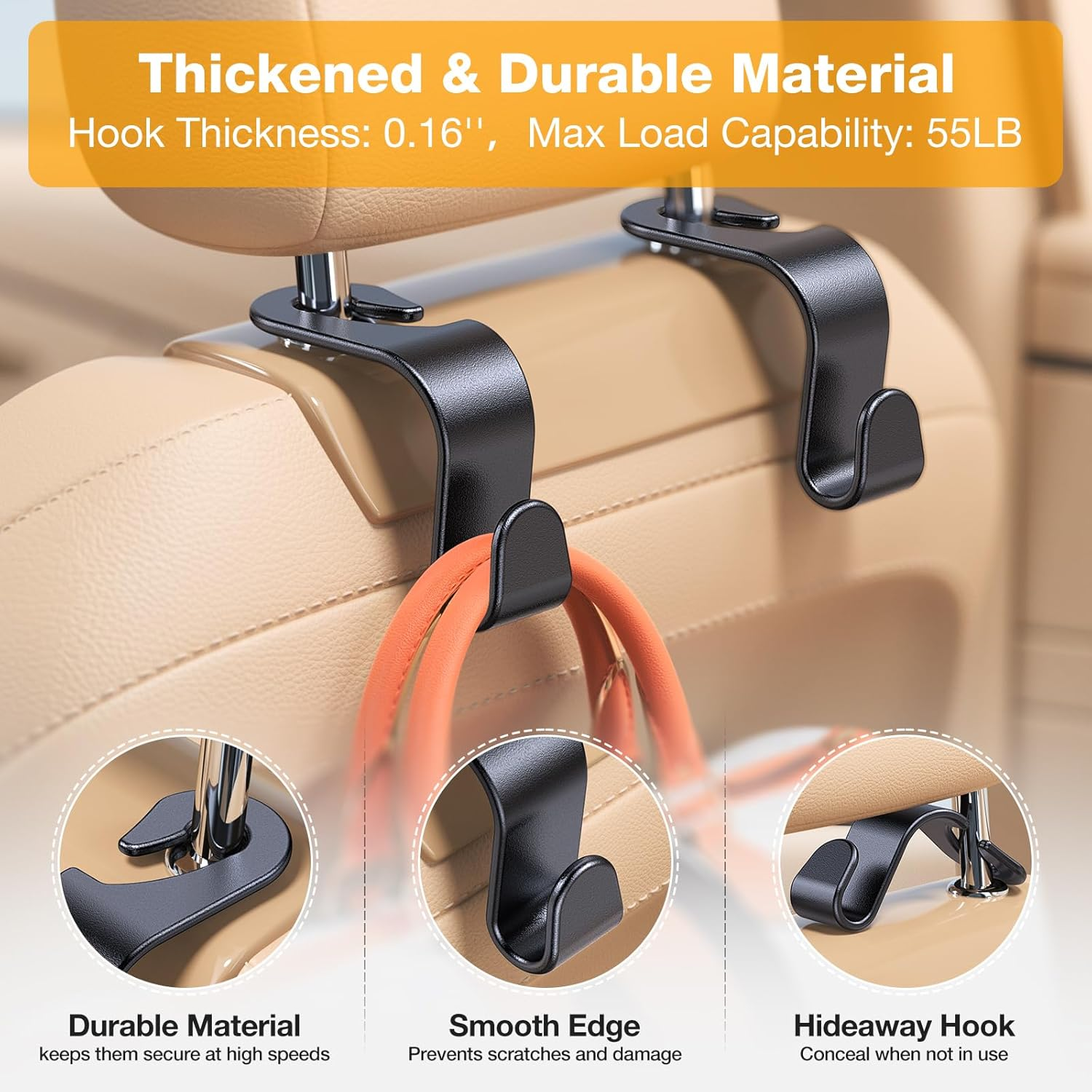 4 Pack Car Seat Headrest Hook, Headrest Hooks for Car, Hanger Storage Organizer Universal for Car Handbag Clothes Purse Coat, Car Interior Accessories (Black S Type) image number 3