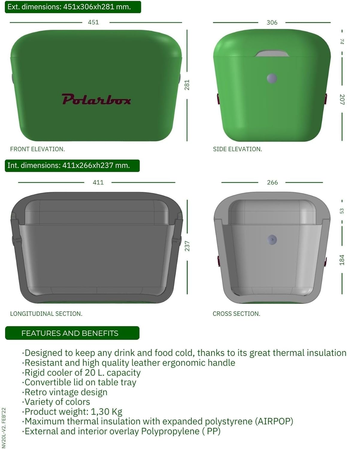 Polarbox Classic Cooler Box with Leather Strap, Cyan & Baby Rose Rigid Thermal Insulated Ice for Beach, Picnic Party Convertible Lid Polypropylene Insulation Cyan/Baby 20L PB-9210 image number 2