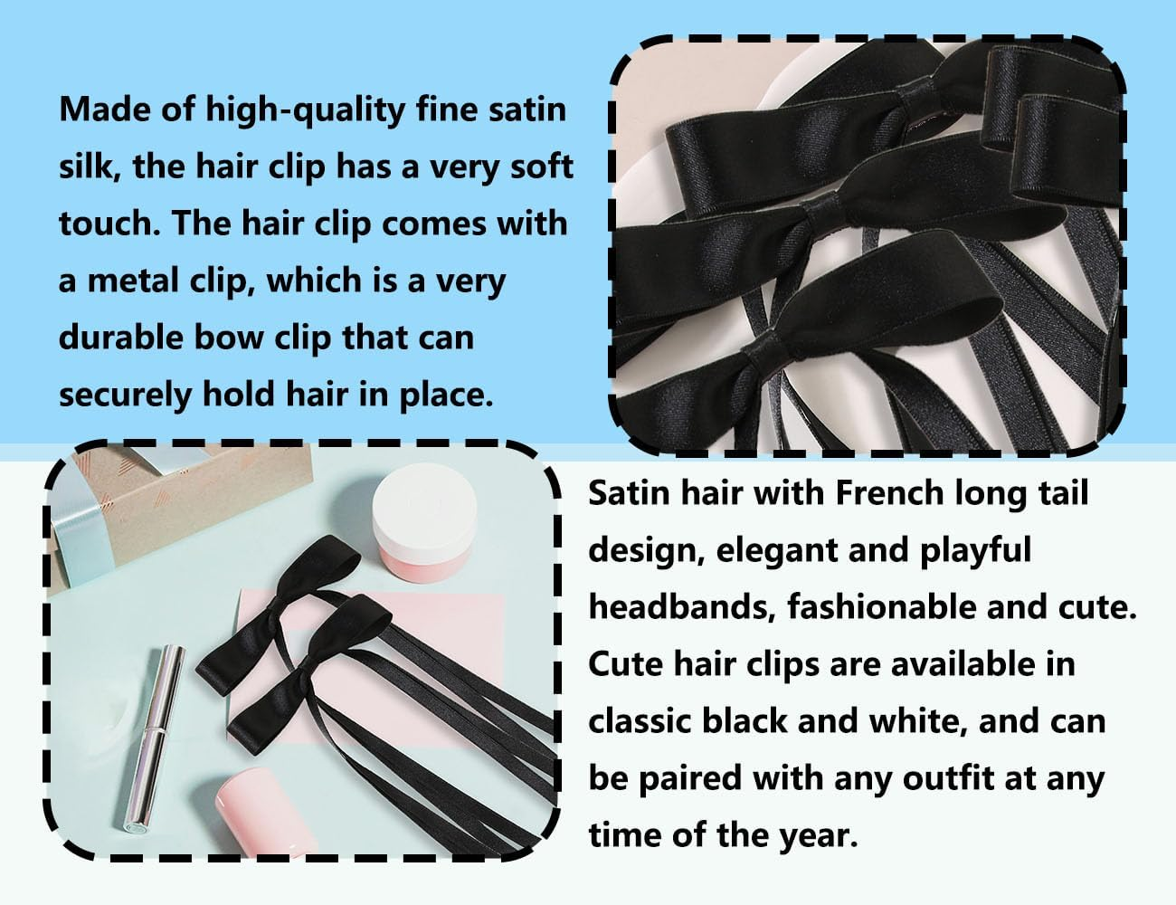 Lhbwhiz Pack of 2 Hair Bows, Silky Hair Clips, Satin Hair Pins, Hair Scrunchie, Band with Bow, Metal Hair Clip, Ponytail Holder, Hair Bow Clip, French Tassel, for Girls Hair Decoration (Black)