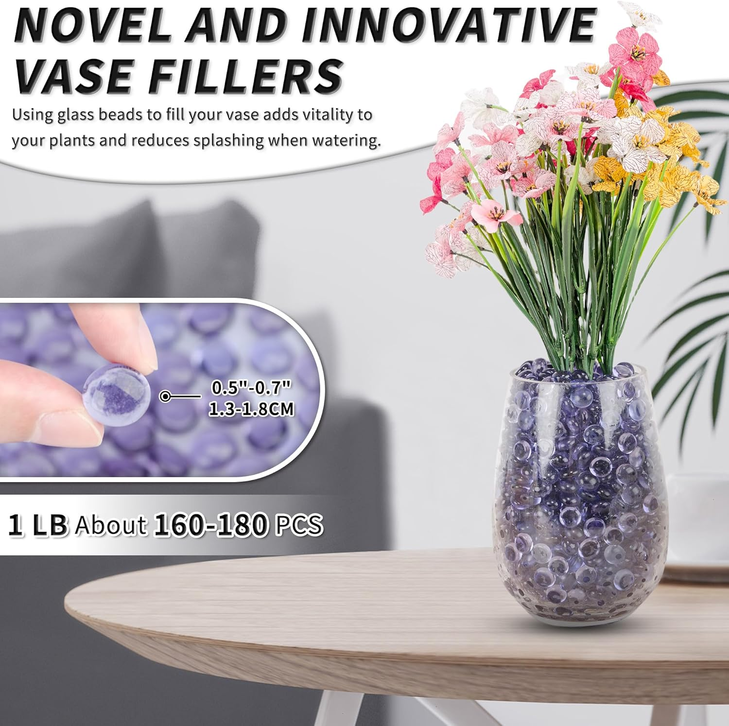 1 LB Purple Flat Glass Beads, 160-180PCS Small Glass Marbles, Mini Flat round Pebbles for Vase Filler and Floral, Fish Tank Rocks Decorative Gemstones for Home and Aquarium D&eacute;cor - Blue image number 6