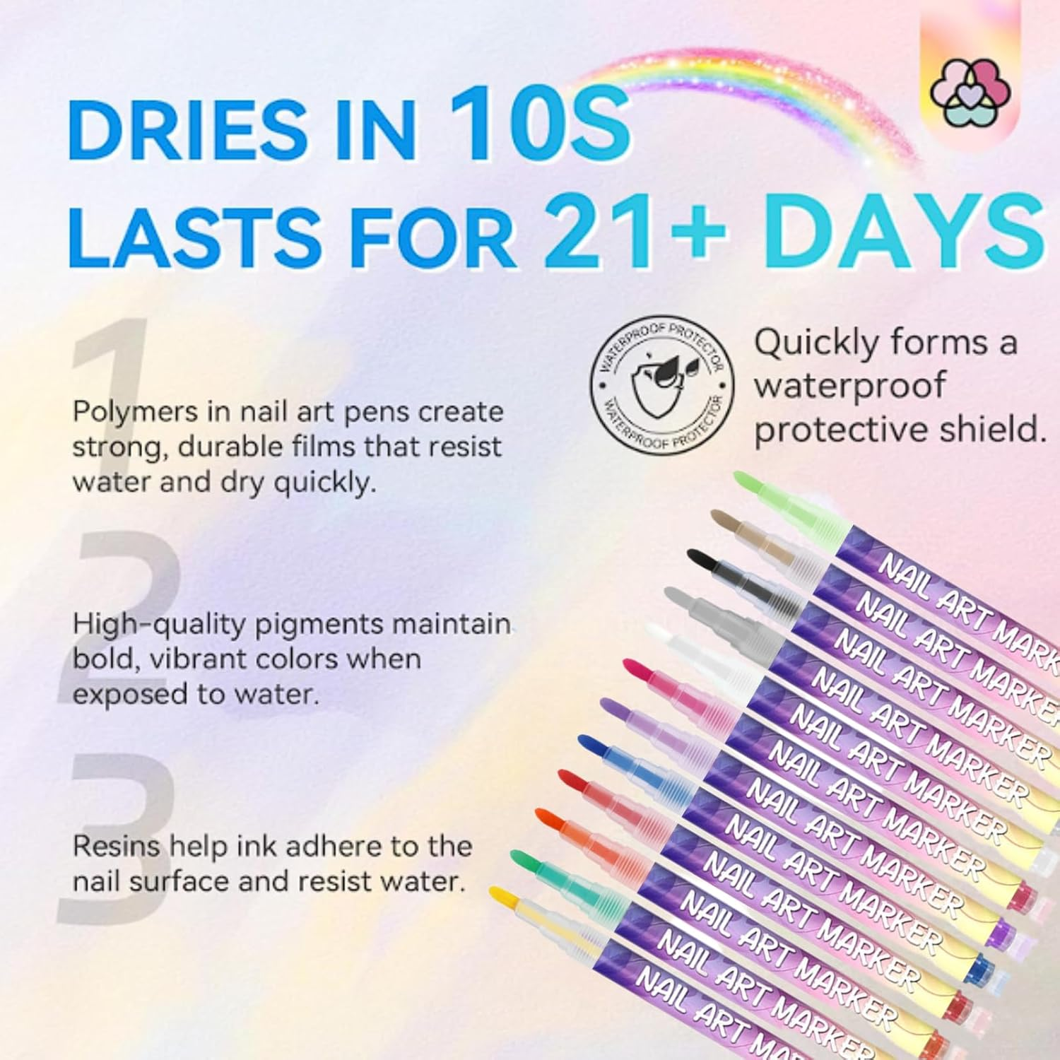 12 Colors Nail Art Pens Set, 3D Acrylic Nail Polish Pens with 0.5Mm Fine Tip, Quick-Dry Waterproof Nail Marker for Drawing, Painting & Dotting, Nail Design Kit for Home Salon DIY Manicure Decoration image number 2