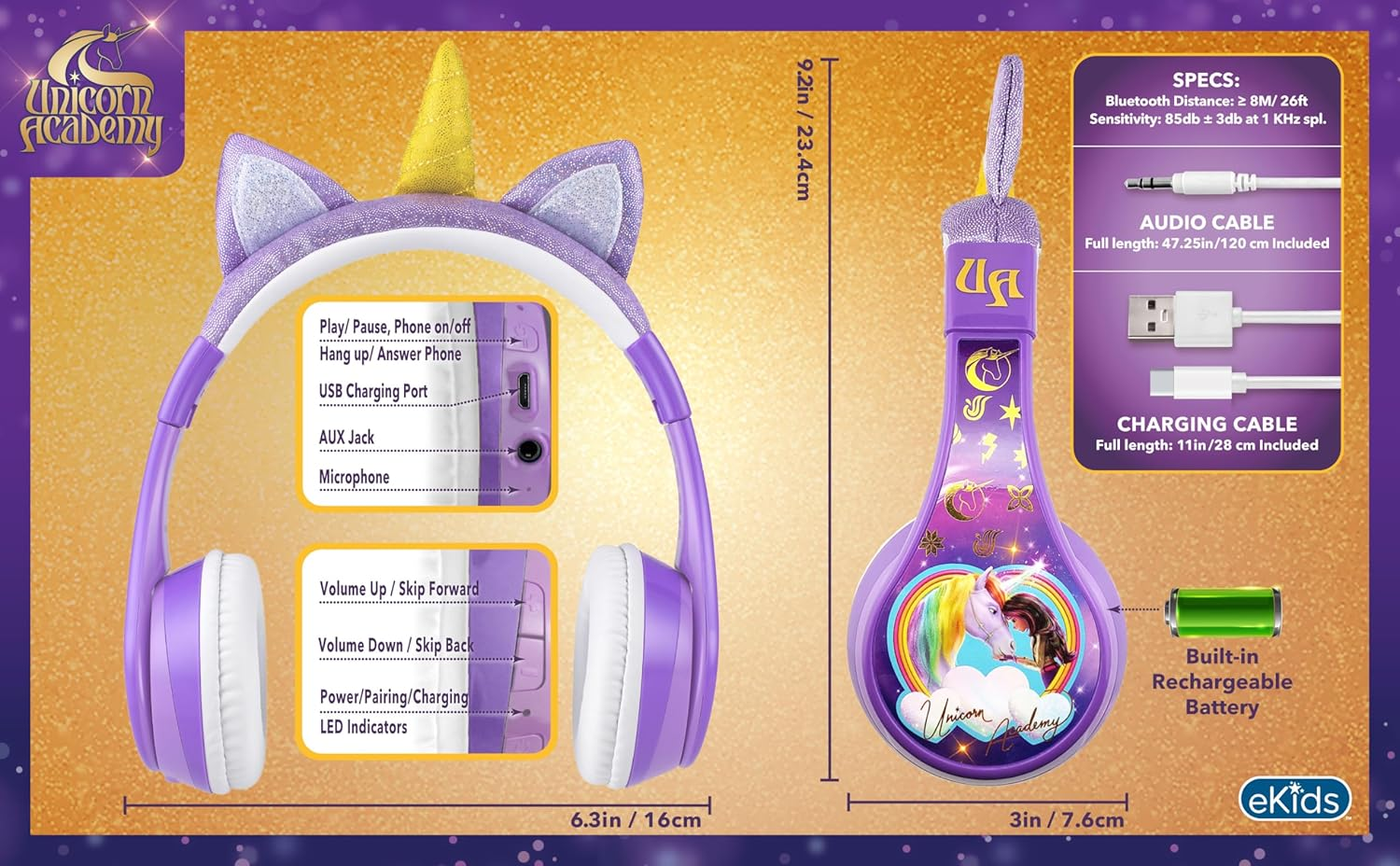 Ekids Unicorn Academy Bluetooth Headphones, Wireless Headphones with Microphone Includes Aux Cord, Volume Reduced Kids Foldable Headphones for School, Home, or Travel image number 1