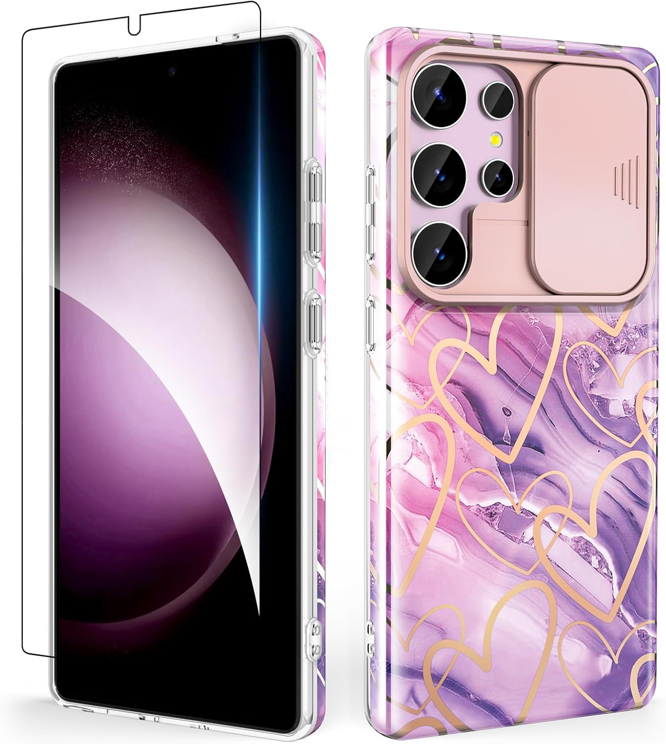 SHEDEER for Samsung Galaxy S25 Ultra Case, with Slide Camera Cover & Screen Protector, Chic Pattern, Shockproof 360 Degree Protective Slim Thin Phone Case Cover for Galaxy S25 Ultra, White