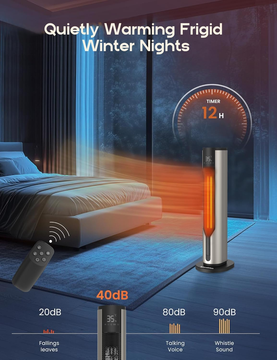 2000W Space Heater for Indoor Use, 60Cm Height Portable Fan Heater, 70&deg; Oscillating Tower Space Heater with Remote, 4 Modes, 12H Timer, Overheating & Tip-Over Protection, Electric Heater for Home image number 3