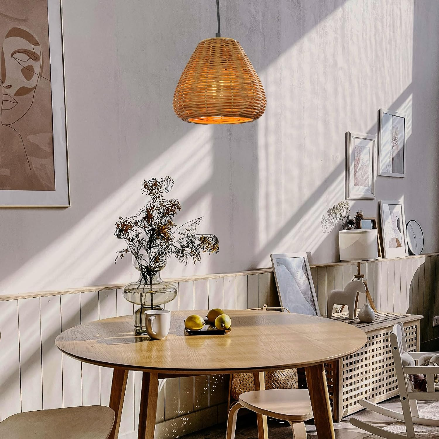 Round Rattan Lampshade Boho, Stylish Upgrade Lampshade for Table Lamp, Hanging and Floor Lamp, All Indoor Spaces (Black, 14 Cm Diameter 15 Cm Height) image number 4