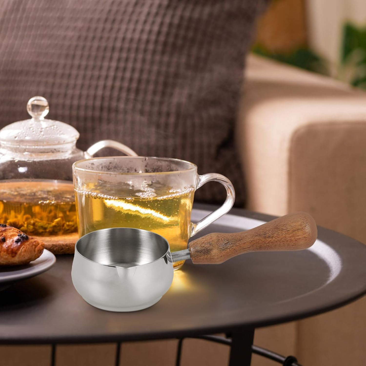 Homoyoyo Stainless Steel Milk Frothing Pitcher with Walnut Wooden Handle Small Creamer Jug for Espresso Coffee Smooth Surface Easy to Clean Stylish Small Milk Container for Home and Use image number 2