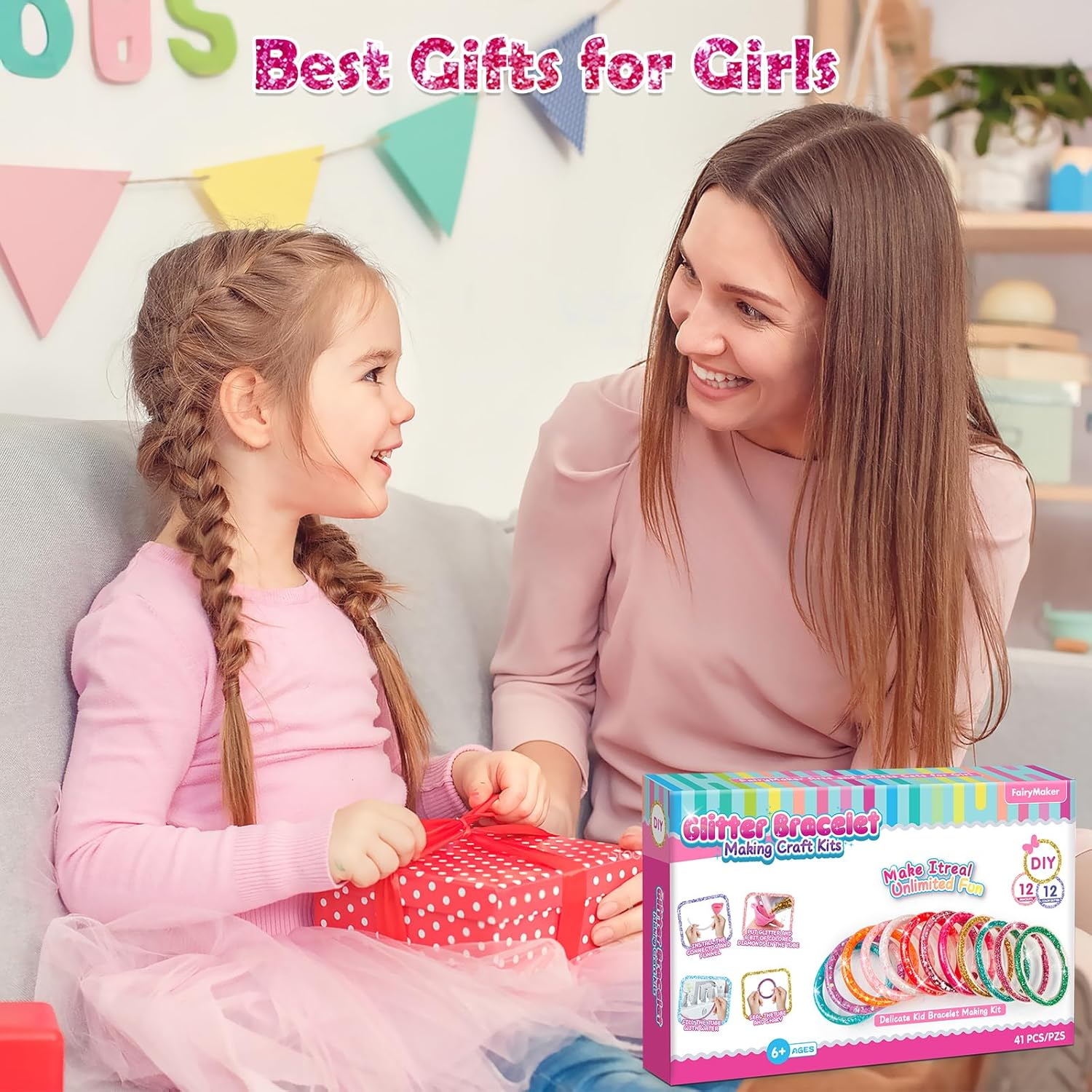 Fairymaker Glitter Bracelet Making Kit for Girls, DIY Arts and Crafts Kit with 12 Bracelets, 8 Glitter Colours, 4 Gemstone Types, Laser Sparkle Shapes for Kids&rsquo; Birthday, Gifts for Ages 6-12 (Multicolored) image number 3