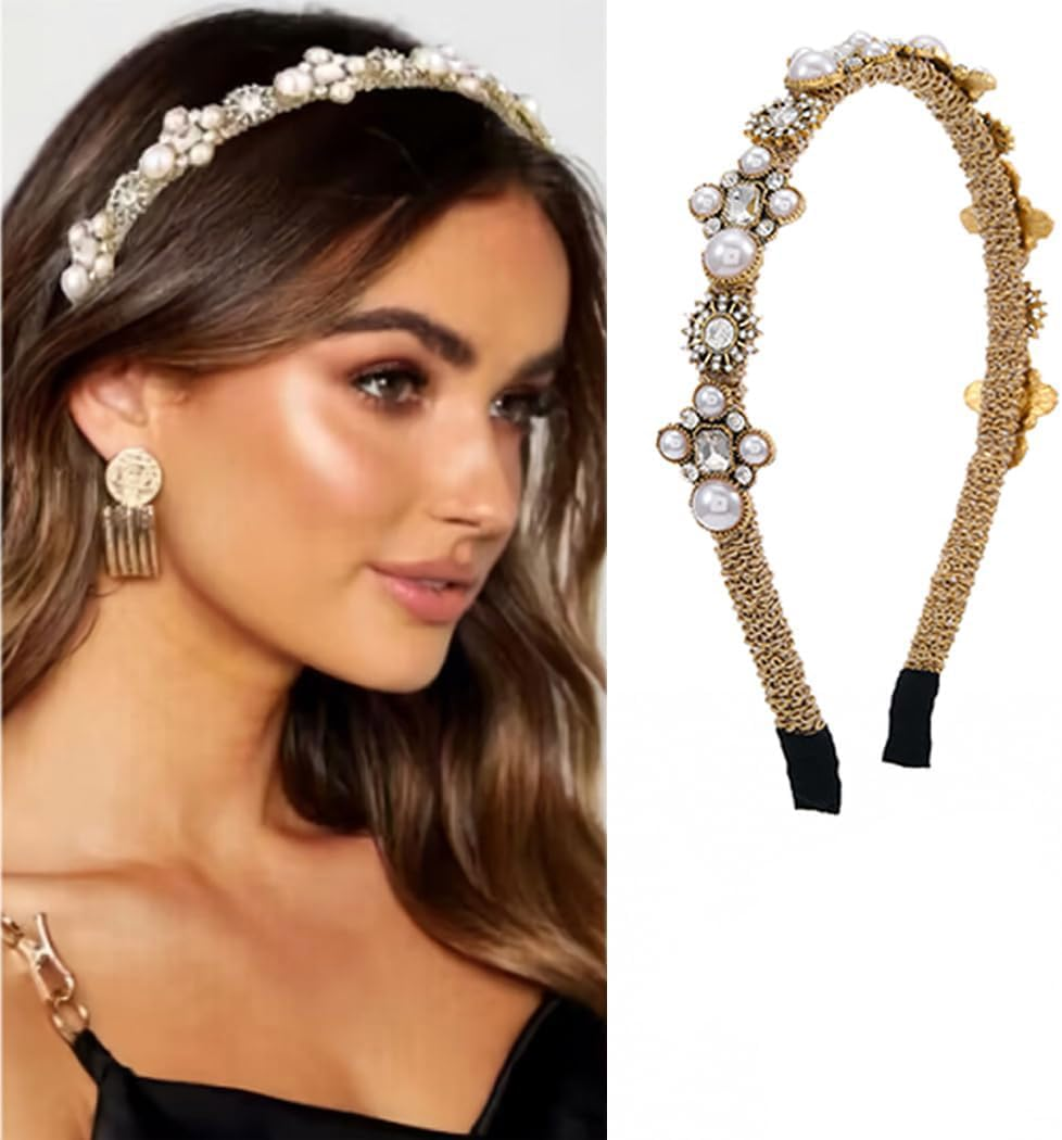 Sinalty Gold Pearls Headbands Baroque Rhinestones Hair Bands Crystal Hair Hoop with Beaded Hair Ties for Women (Fashion) image number 6
